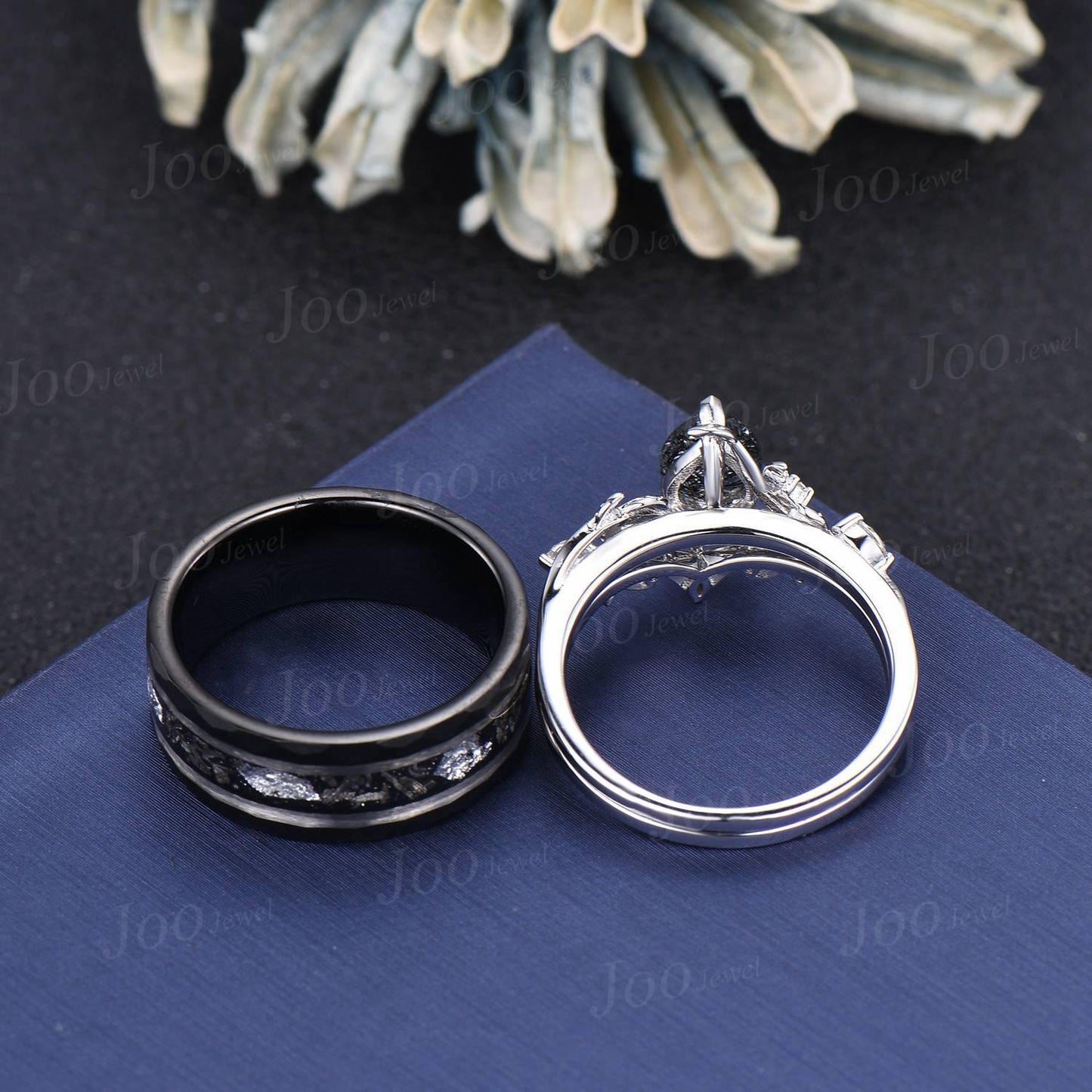 2pcs Pear Cut Natural Black Rutilated Quartz & Meteorite Couples Ring Set-His and Hers Wedding Band-Silver Tungsten Matching Promise Rings