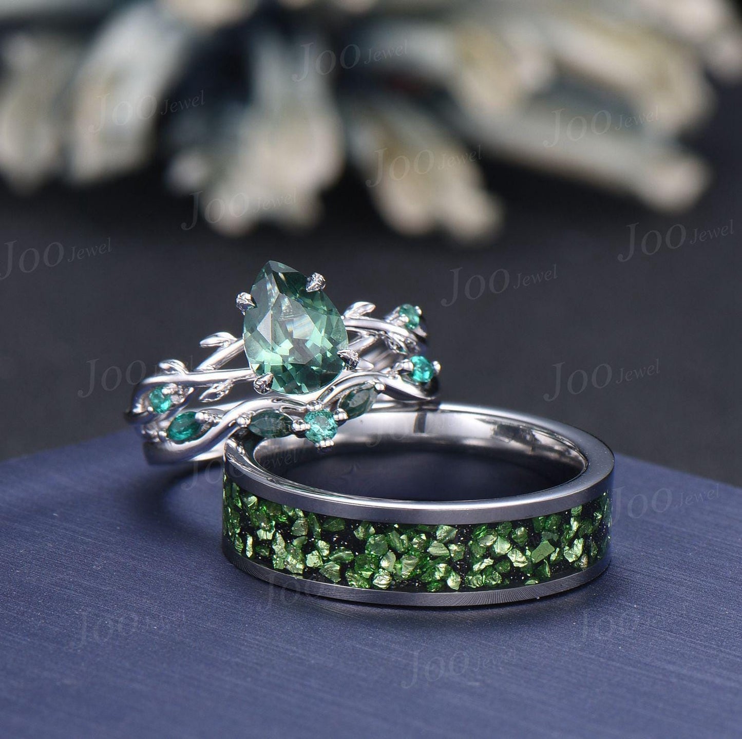Sterling Silver 1.25ct Pear Cut Twig Vine Branch Green Sapphire Couple Ring Set Nature Inspired Wedding Ring Men Tungsten Band Matching Ring