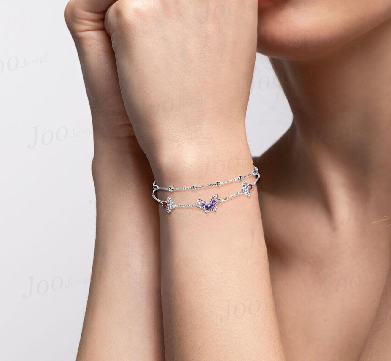 Butterfly Amethyst & Bee Ruby Double Ball Chain Bracelets Dainty Simple Genuine Gemstone Adjustable Bracelet for Daughter