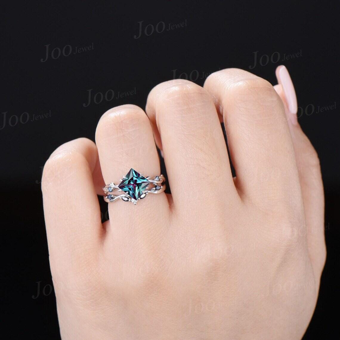 2CT Princess Cut Color-Change Alexandrite Blue Moissanite Ring Set Sterling Silver Proposal Ring June Birthstone Bridal Set Anniversary Gift
