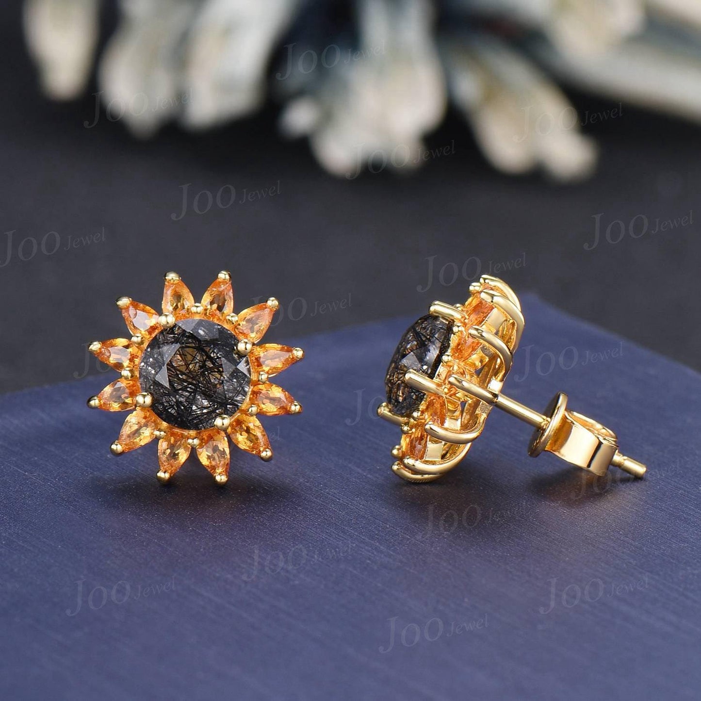Sterling Silver Sunflower Earrings Round Cut Natural Black Rutilated Quartz Citrine Crystal Studs -You Are My Sunshine Unique Birthday Gifts