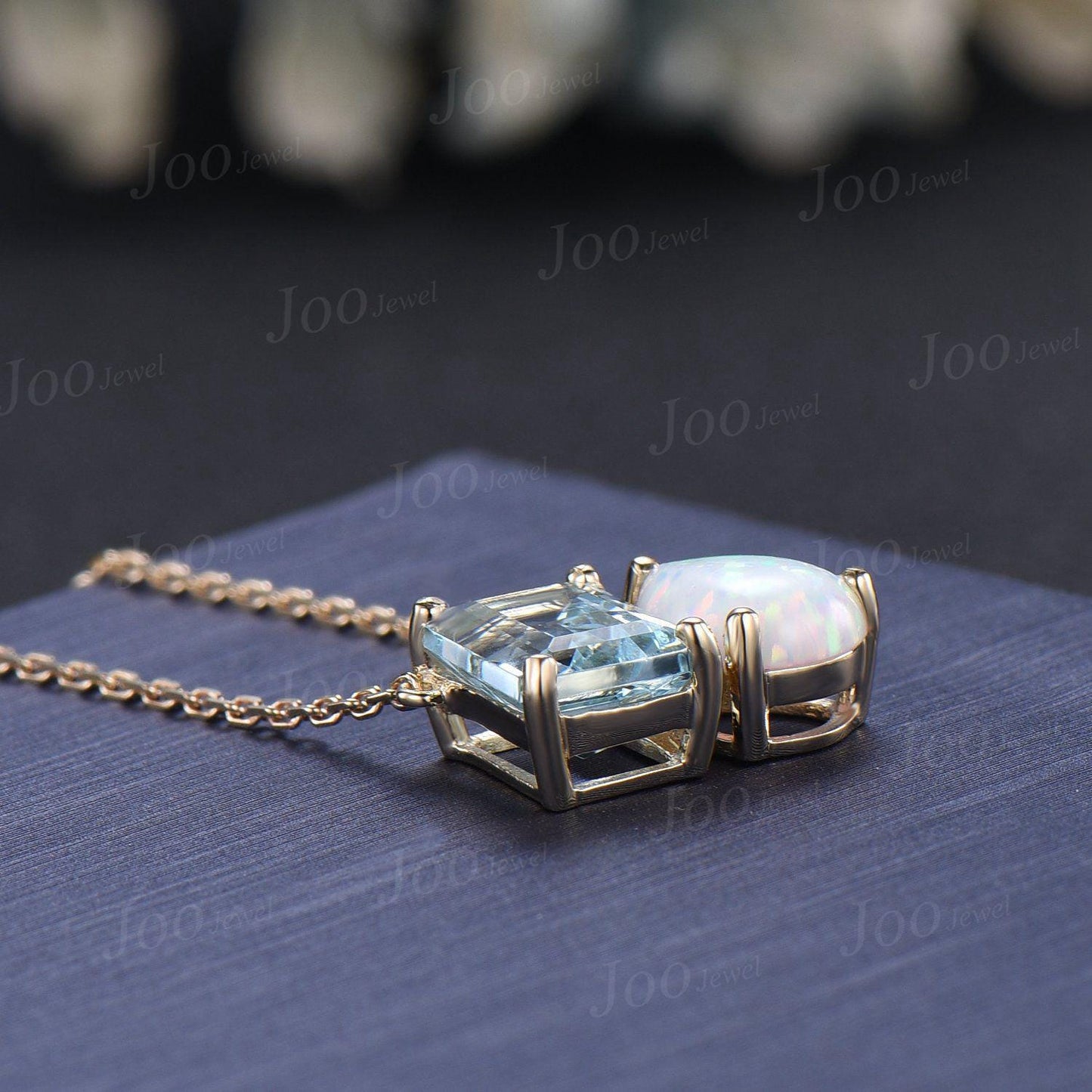 Natural Aquamarine Opal Toi Et Moi Pendant | Pear & Emerald Cut Two Stone Pendant Necklace | You and Me Necklace | Couple Friend Necklaces
