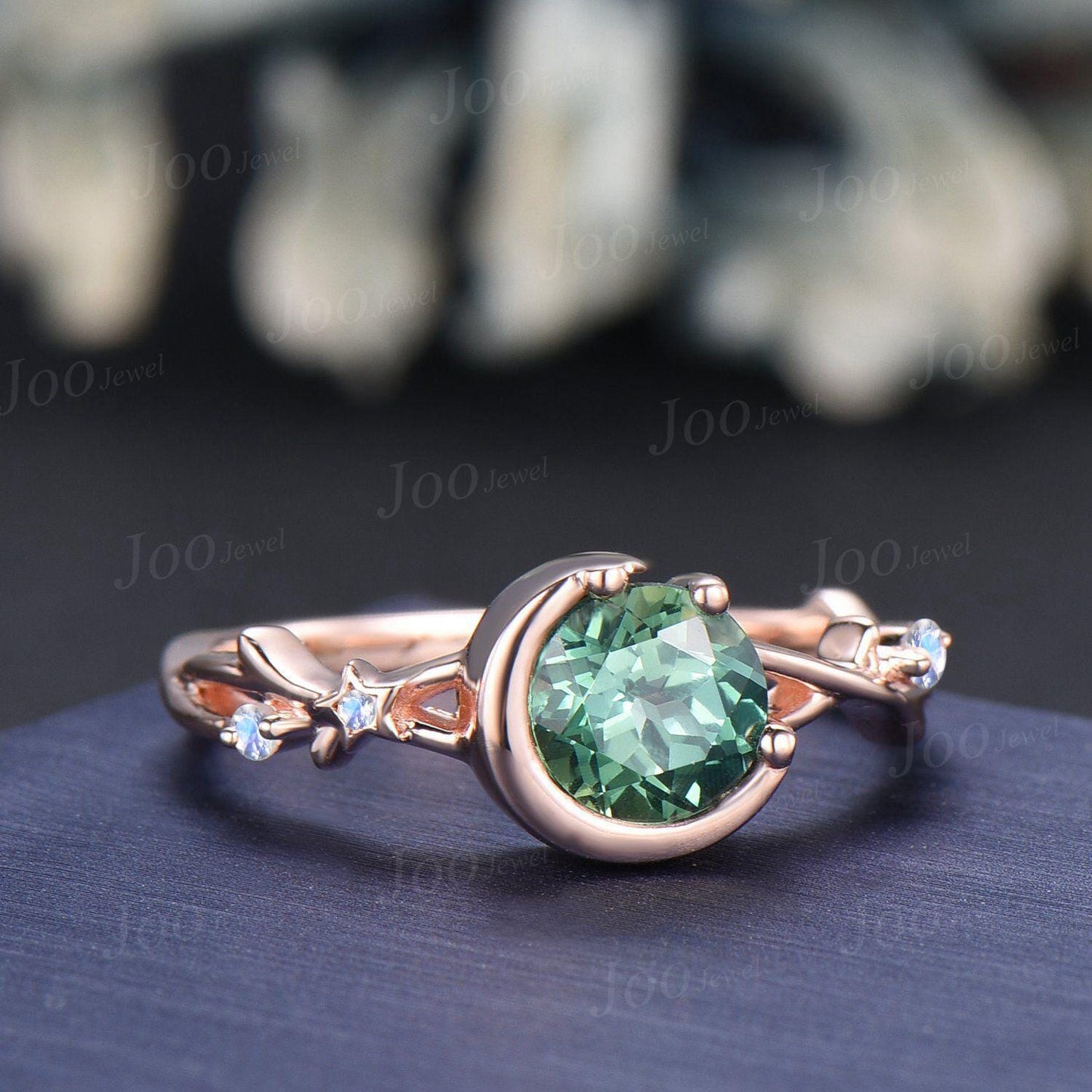 Nature Inspired Green Sapphire Ring Moon Star Design Vintage 1ct Round Olive Sapphire Engagement Ring Moonstone Dainty Branch Wedding Ring
