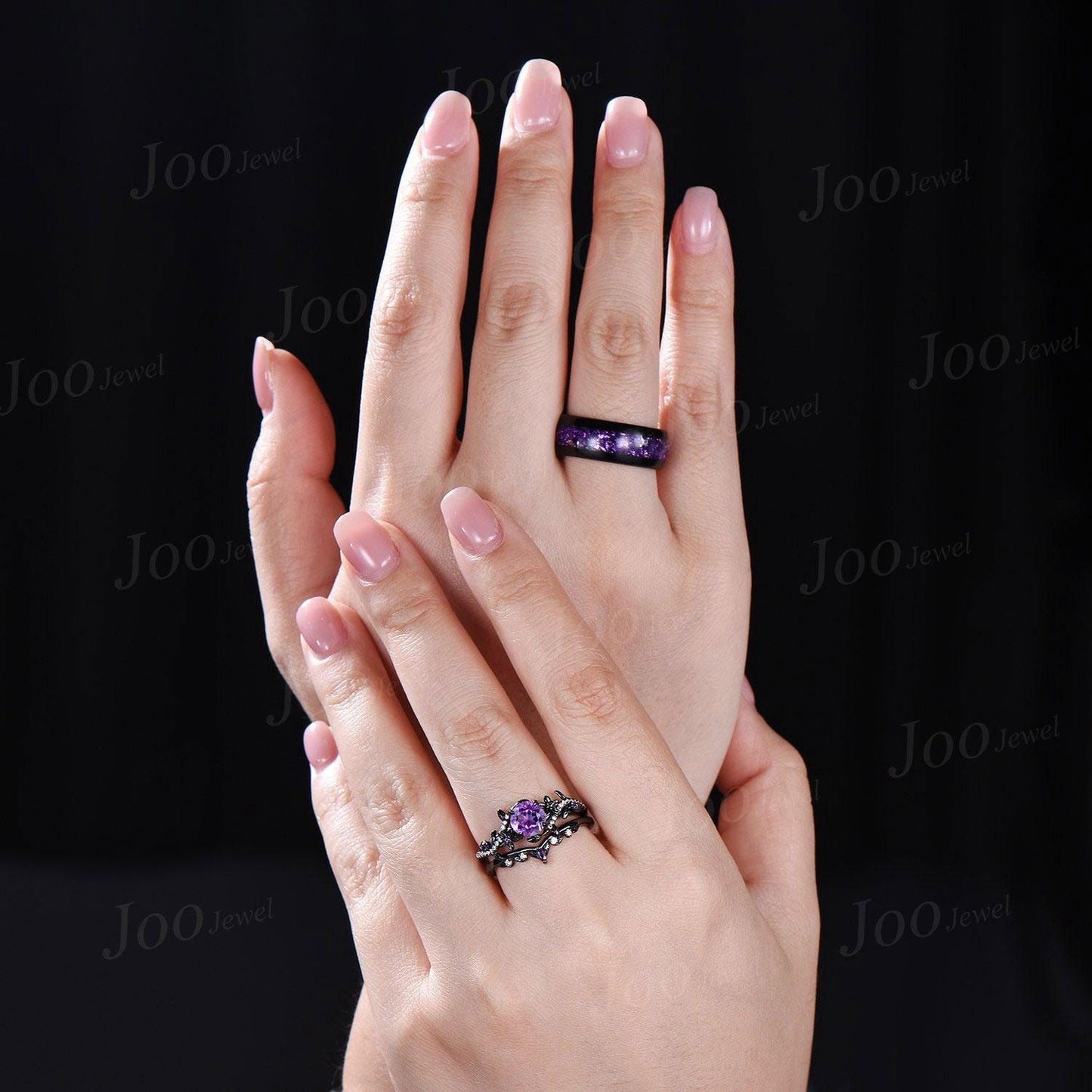 Vintage 1ct Round Cut Natural Amethyst Branch Flower Couples Ring Set Black Wedding Ring Amethyst Matching Ring His and Hers Wedding Band