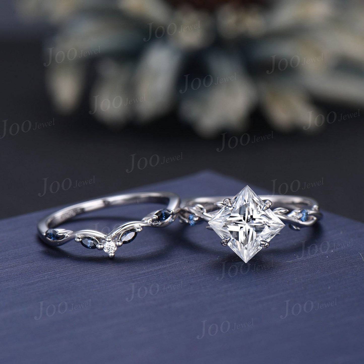 7mm Princess Cut IGI Certified Lab Grown Diamond Branch Bridal Ring Set Square Diamond Wedding Ring Unique Luxury Platinum Proposal Rings