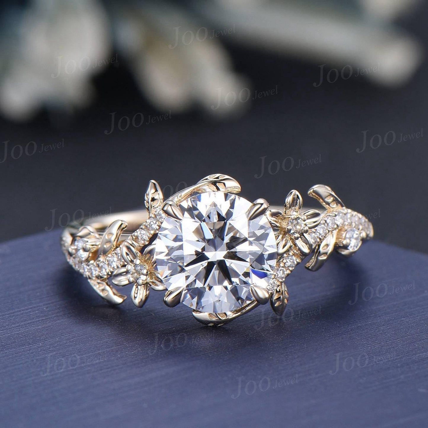 8mm IGI Certified Diamond Engagement Rings 10K Yellow Gold Round Cut Lab Grown Diamond Wedding Ring for Her Unique Leaf Floral Bridal Ring