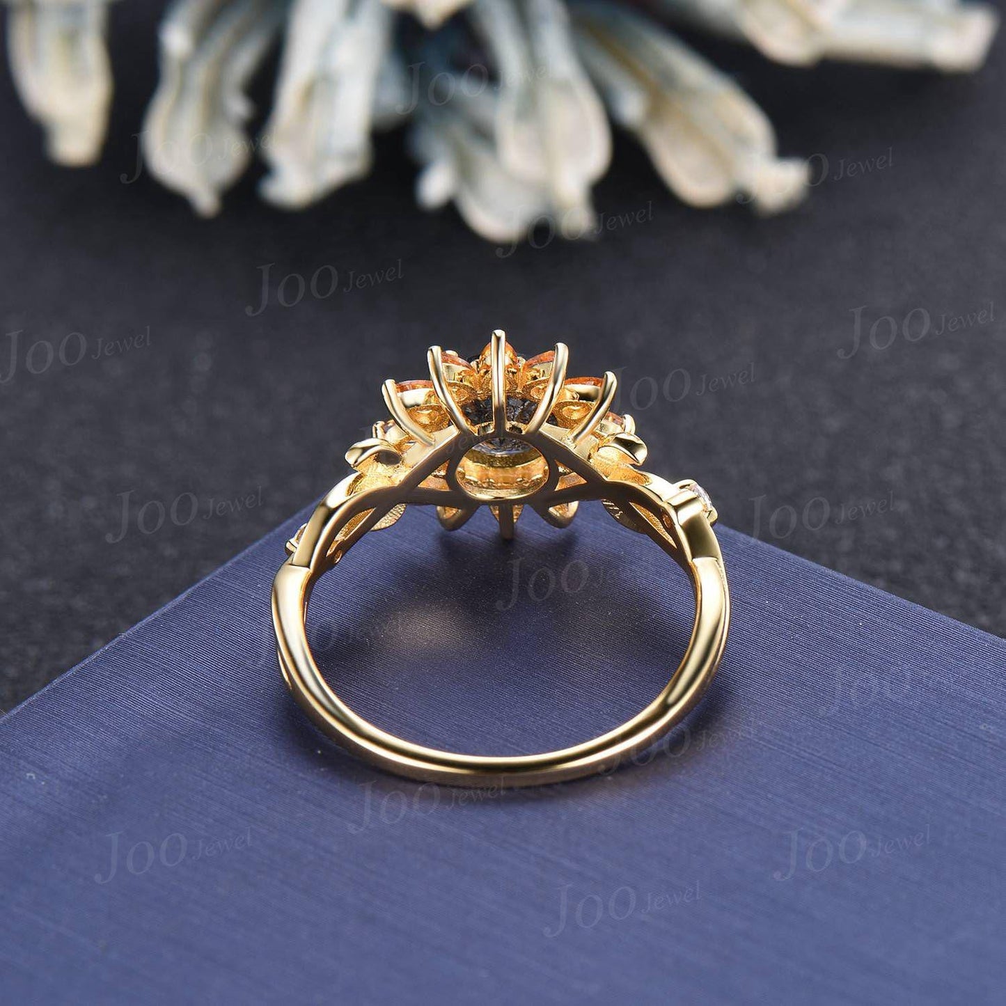 Sunflower Wedding Ring Solid 10K Gold Natural Citrine Black Rutilated Quartz Leaf Engagement Rings for Women