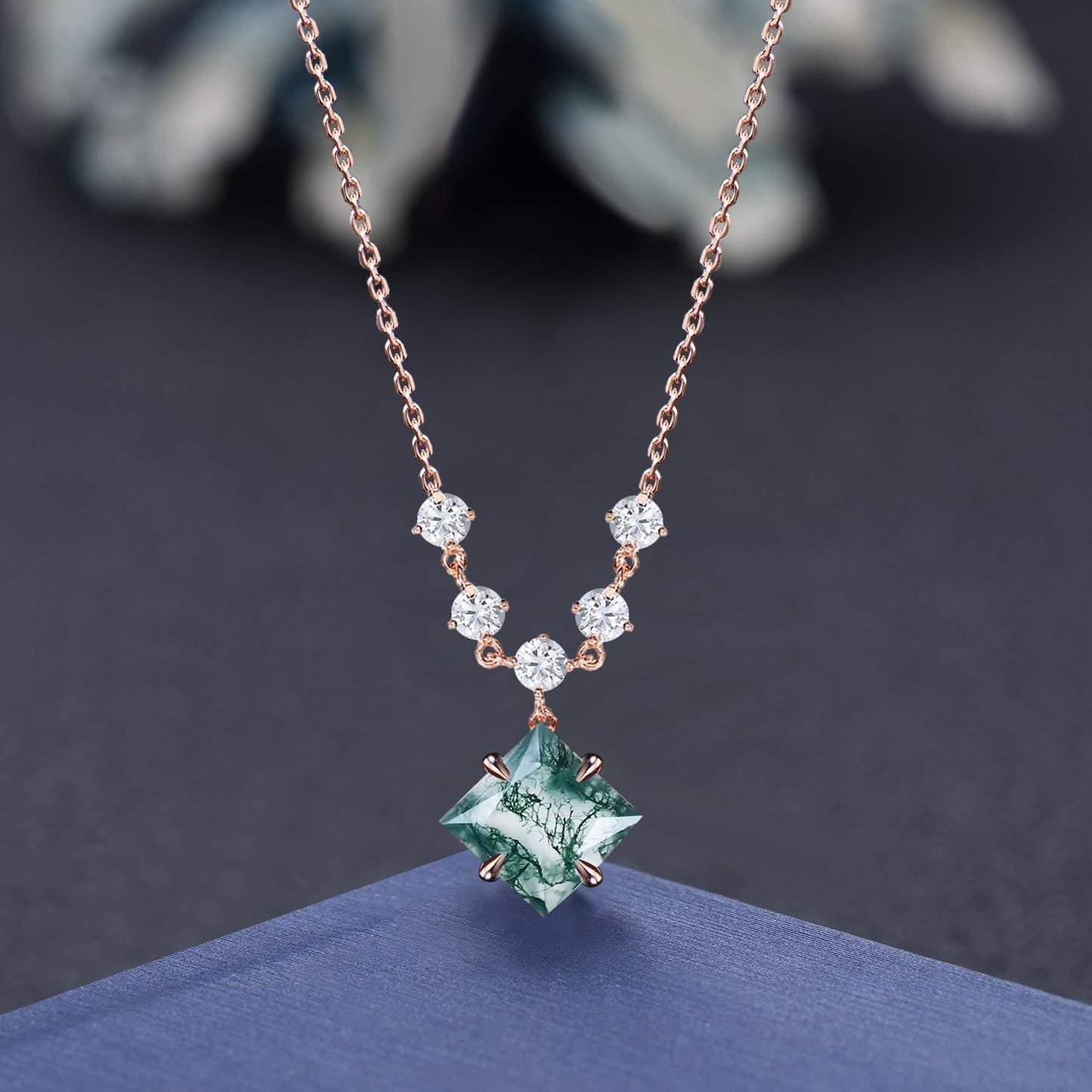 2ctw Princess Cut Natural Moss Agate Drop Necklace Solid 9K Rose Gold Vintage Moss Agate Alexandrite Pendant Women Anniversary Birthday Gift