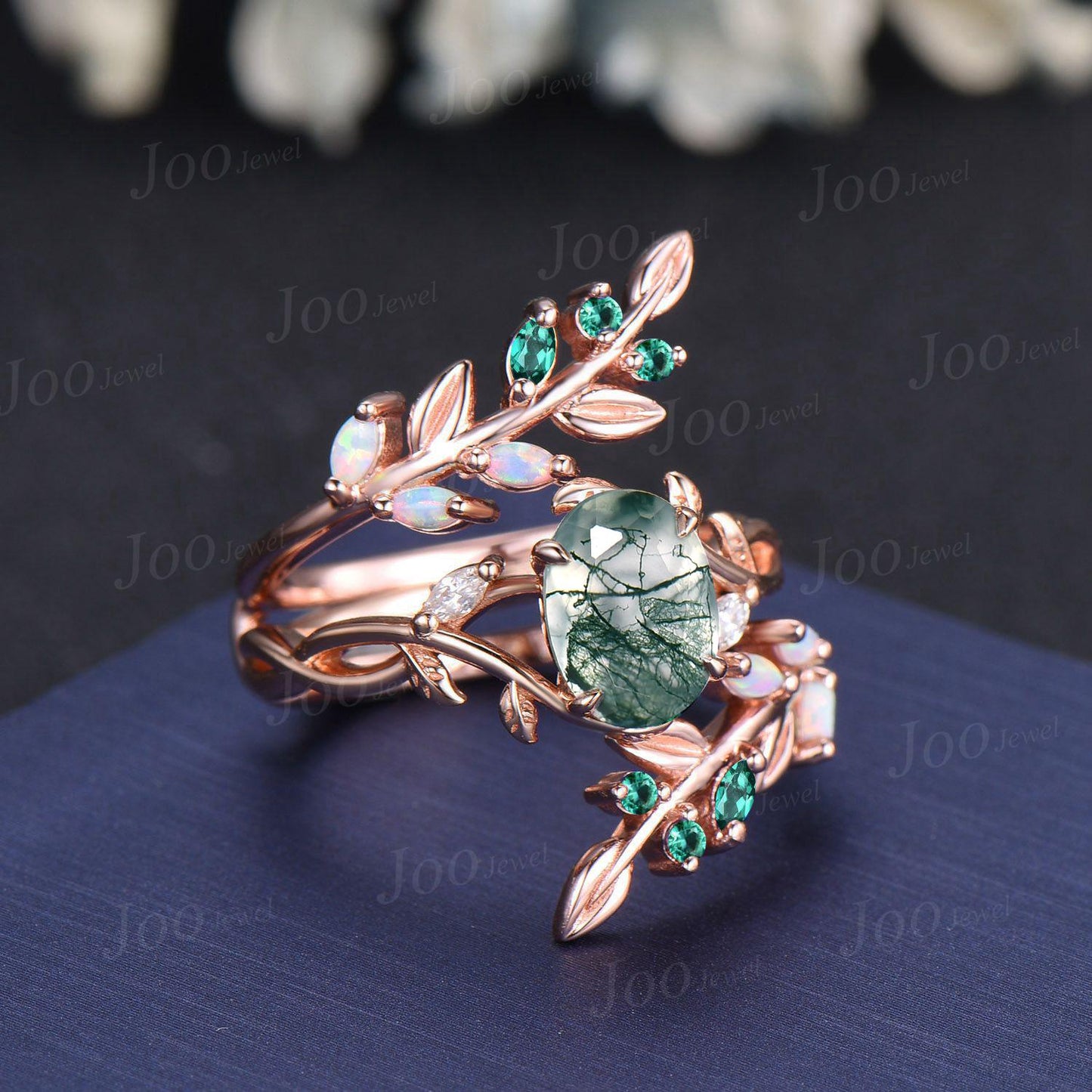 1.5ct Oval Cut Natural Moss Agate Leaf Enhancer Bridal Ring Twig Branch Nature Inspired 14k Rose Gold Opal Emerald Jacket Wedding Band Women