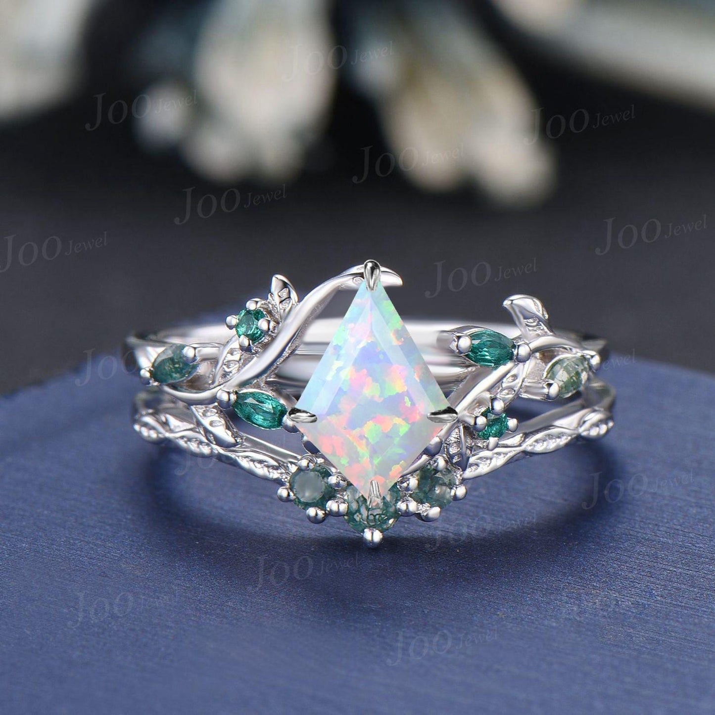 1ct Kite Cut White Opal Bridal Ring Set 10K Rose Gold Branch Engagement Ring Emerald Opal Wedding Ring Moss Agate Wedding Band for Women