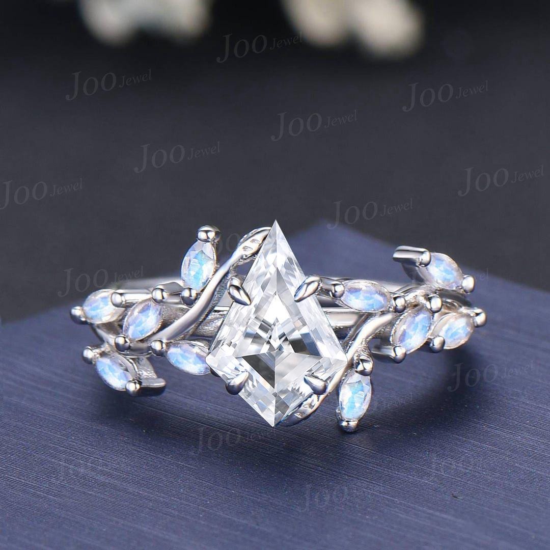 Kite Cut Lab Diamond Engagement Ring with IGI Certificate 10K White Gold Nature Inspired Cluster Moonstone Ring Unique Bridal Proposal Rings