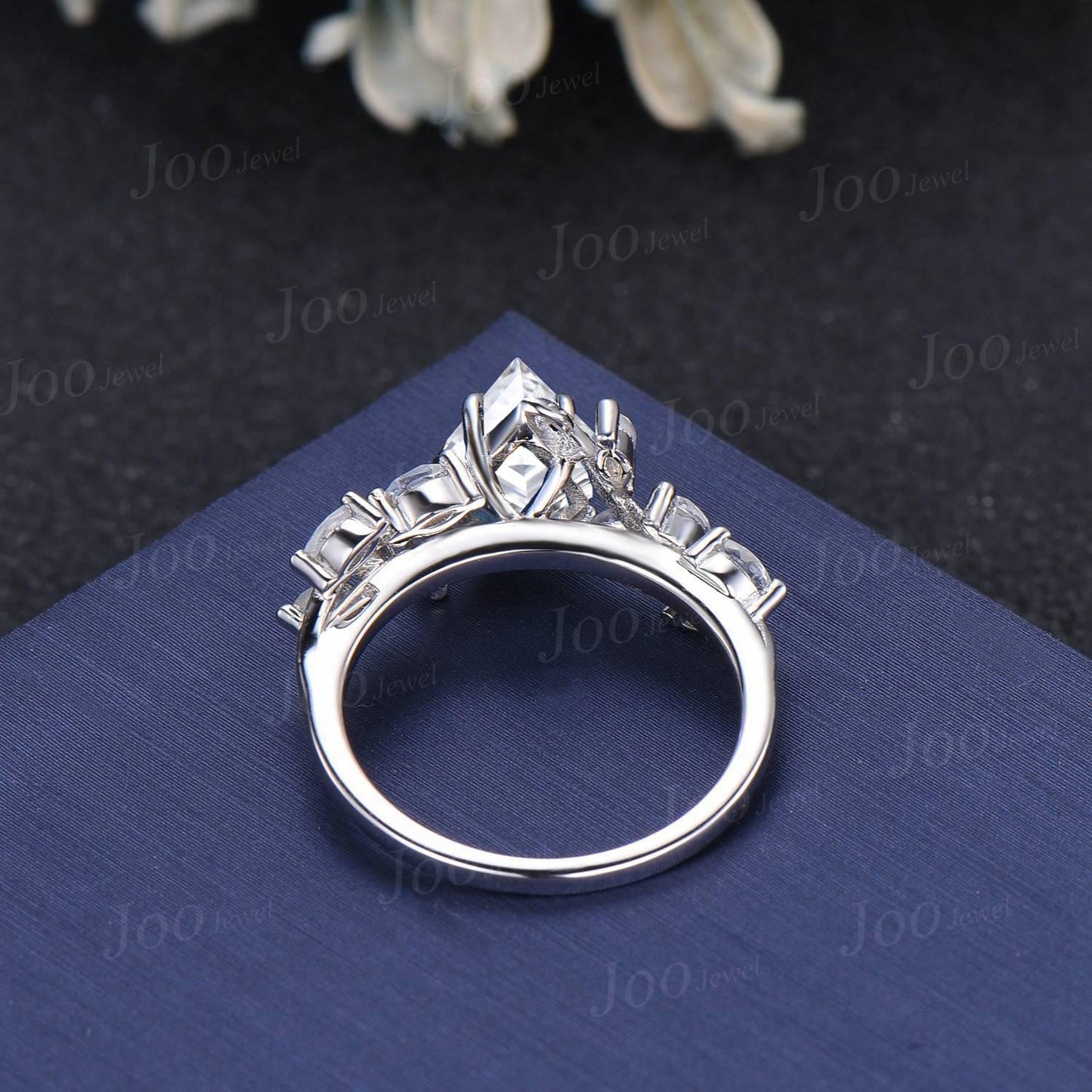 Kite Cut Lab Diamond Engagement Ring with IGI Certificate 10K White Gold Nature Inspired Cluster Moonstone Ring Unique Bridal Proposal Rings