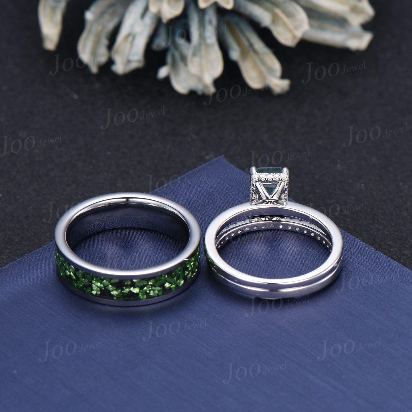 2ct Emerald Cut Moss Agate Couple Ring Set Sterling Silver Vintage Hidden Halo Moss Agate Engagement Ring Promise Anniversary Matching Rings