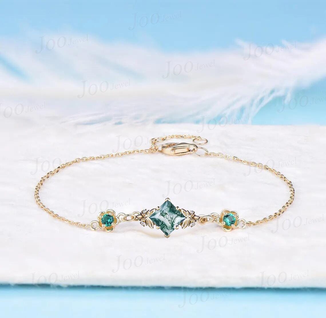 Princess Cut Natural Moss Agate Flower Chain Bracelet Genuine Agate Emerald Adjustable Bracelet Unique Birthday/Graduation/Anniversary Gifts