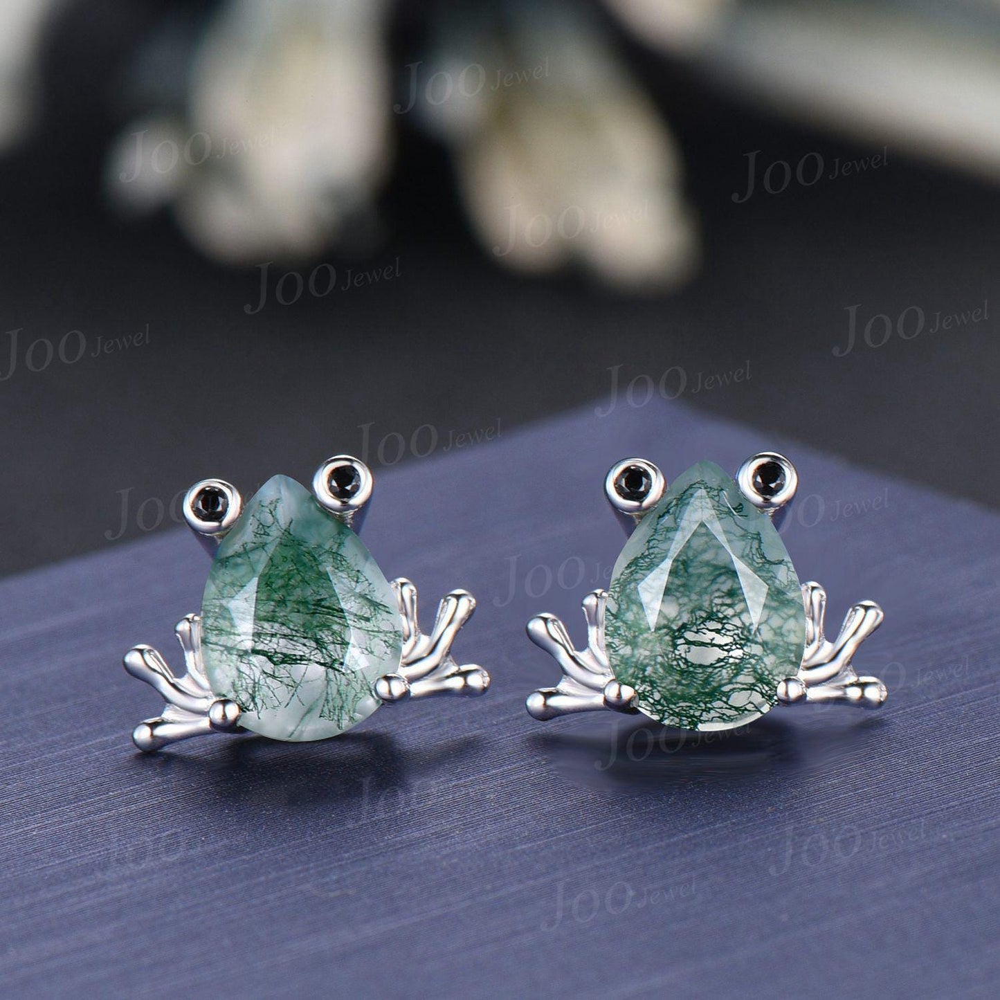 1.25ct Pear Cut Natural Moss Agate Frog Earrings | Nature-Inspired Frog Studs | Unique Amphibian Jewelry Gift for Women| Moss Agate Earrings