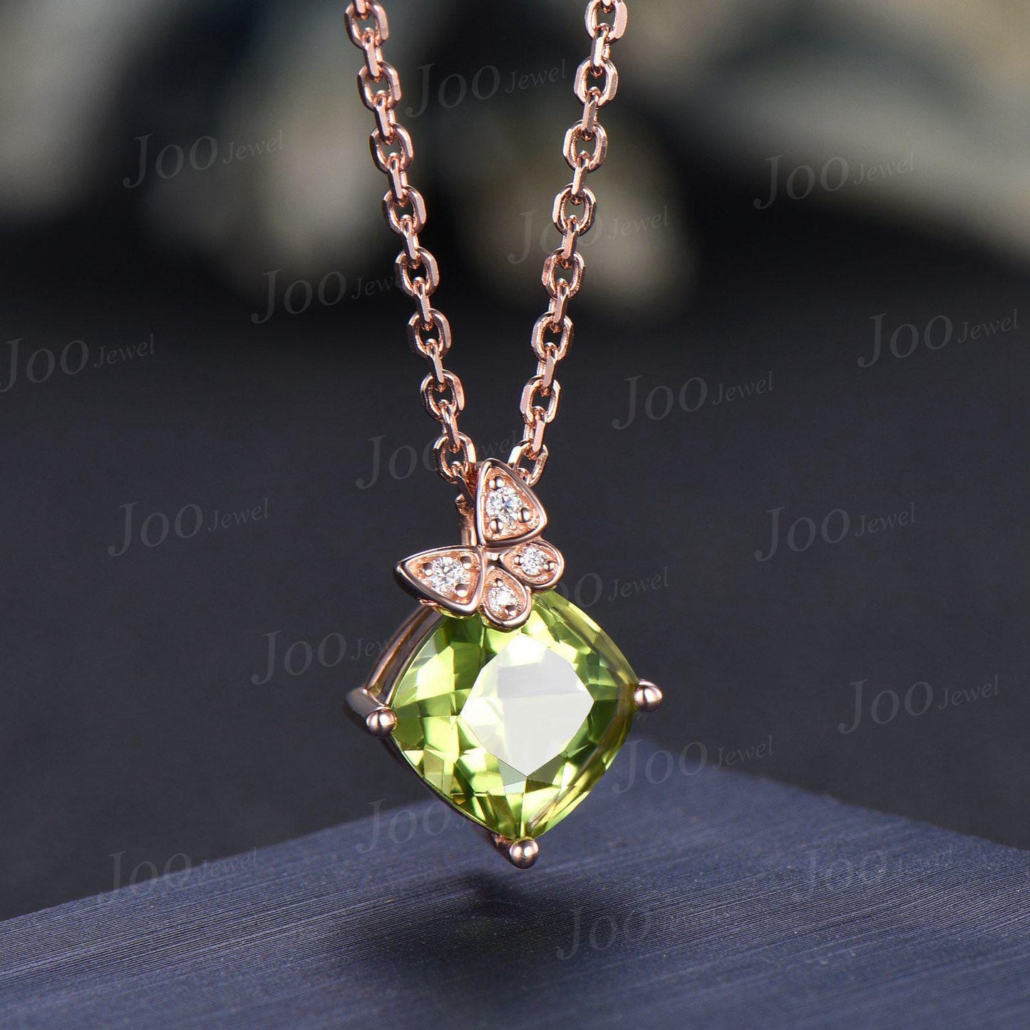 Cushion Cut Natural Peridot Butterfly Necklace Solid 14K Gold Vintage Personalized Green Stone Pendant Women August Birthstone Gift