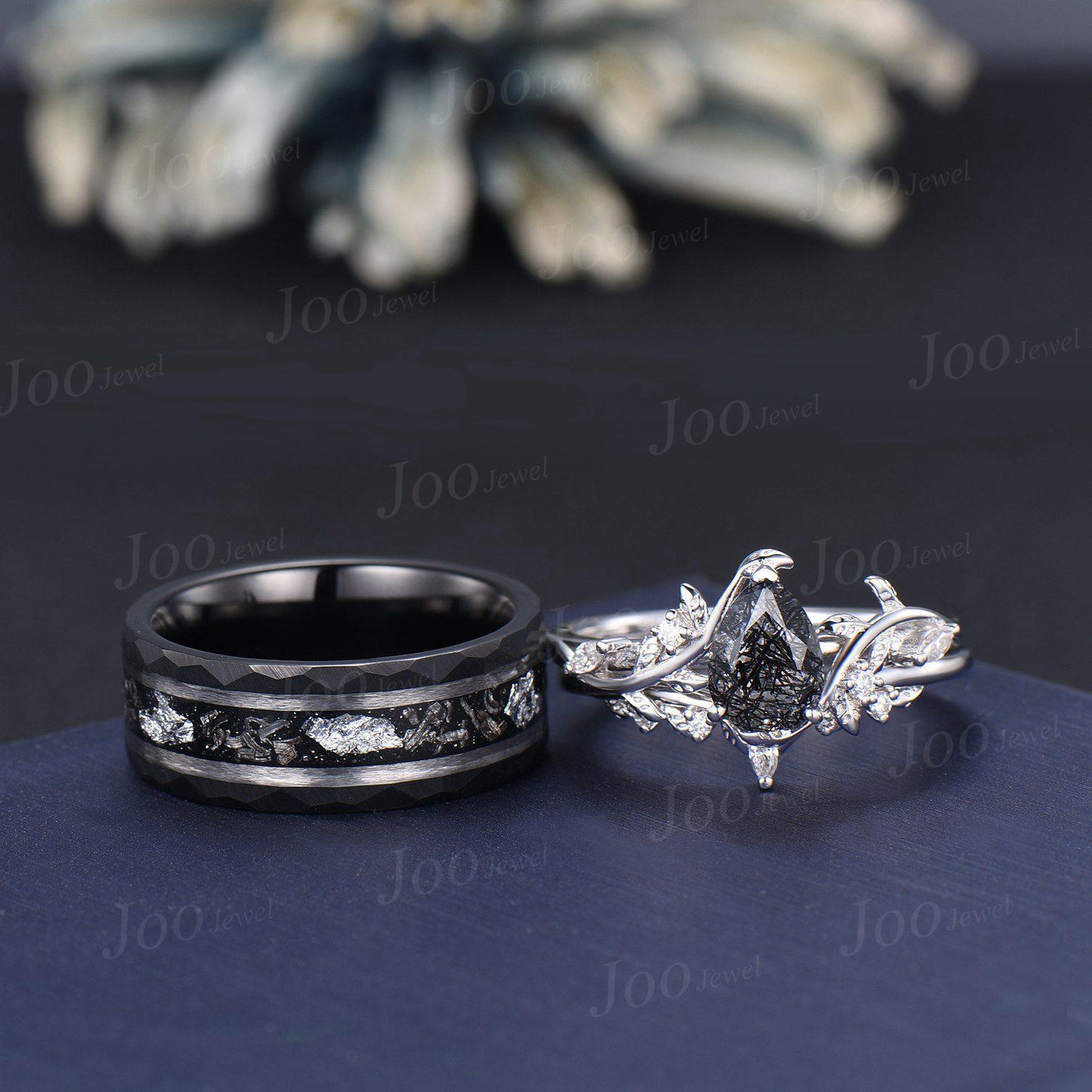 2pcs Pear Cut Natural Black Rutilated Quartz & Meteorite Couples Ring Set-His and Hers Wedding Band-Silver Tungsten Matching Promise Rings