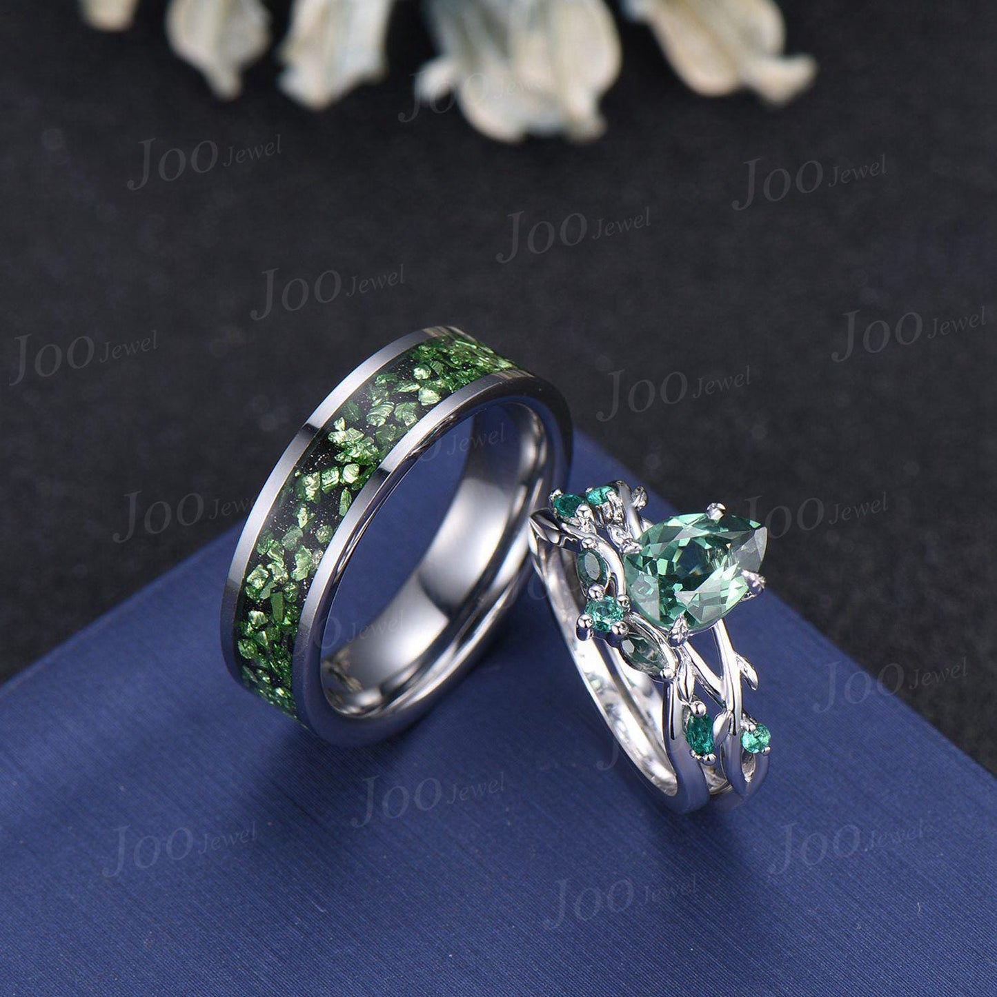 Sterling Silver 1.25ct Pear Cut Twig Vine Branch Green Sapphire Couple Ring Set Nature Inspired Wedding Ring Men Tungsten Band Matching Ring