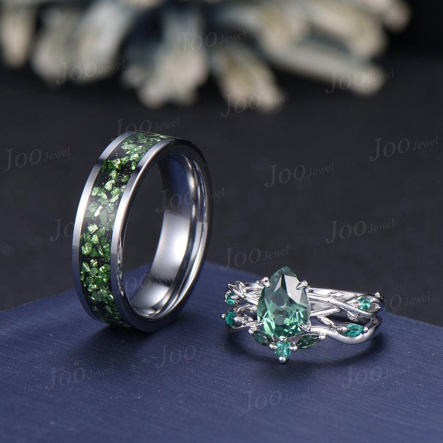 Sterling Silver 1.25ct Pear Cut Twig Vine Branch Green Sapphire Couple Ring Set Nature Inspired Wedding Ring Men Tungsten Band Matching Ring