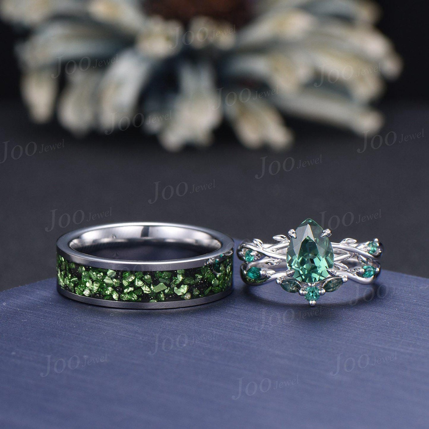 Sterling Silver 1.25ct Pear Cut Twig Vine Branch Green Sapphire Couple Ring Set Nature Inspired Wedding Ring Men Tungsten Band Matching Ring