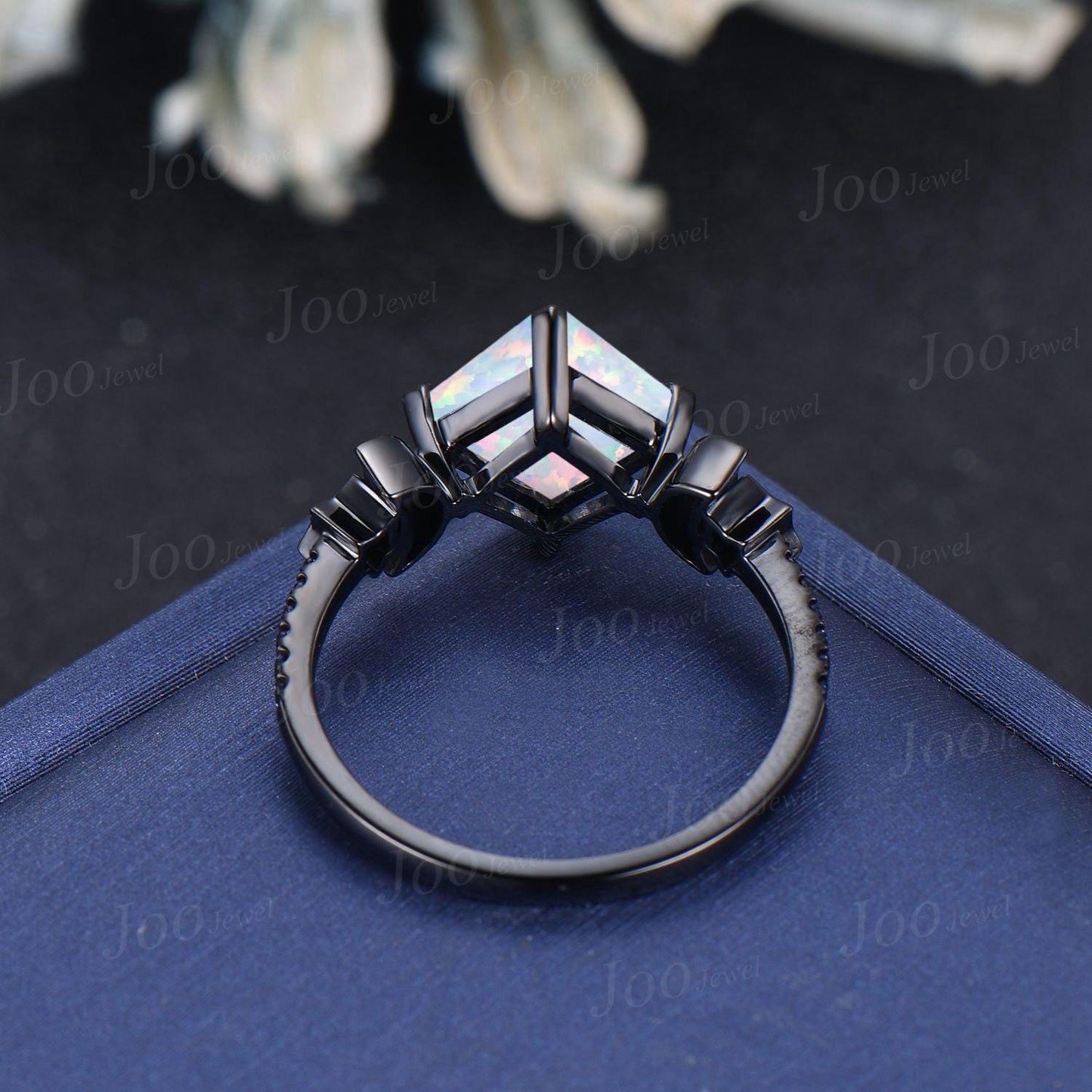 2ct Princess White Opal Engagement Ring Sandstone Amethyst Moon Star Wedding Ring Unique Black Gold Band October Birthstone Gifts for Women