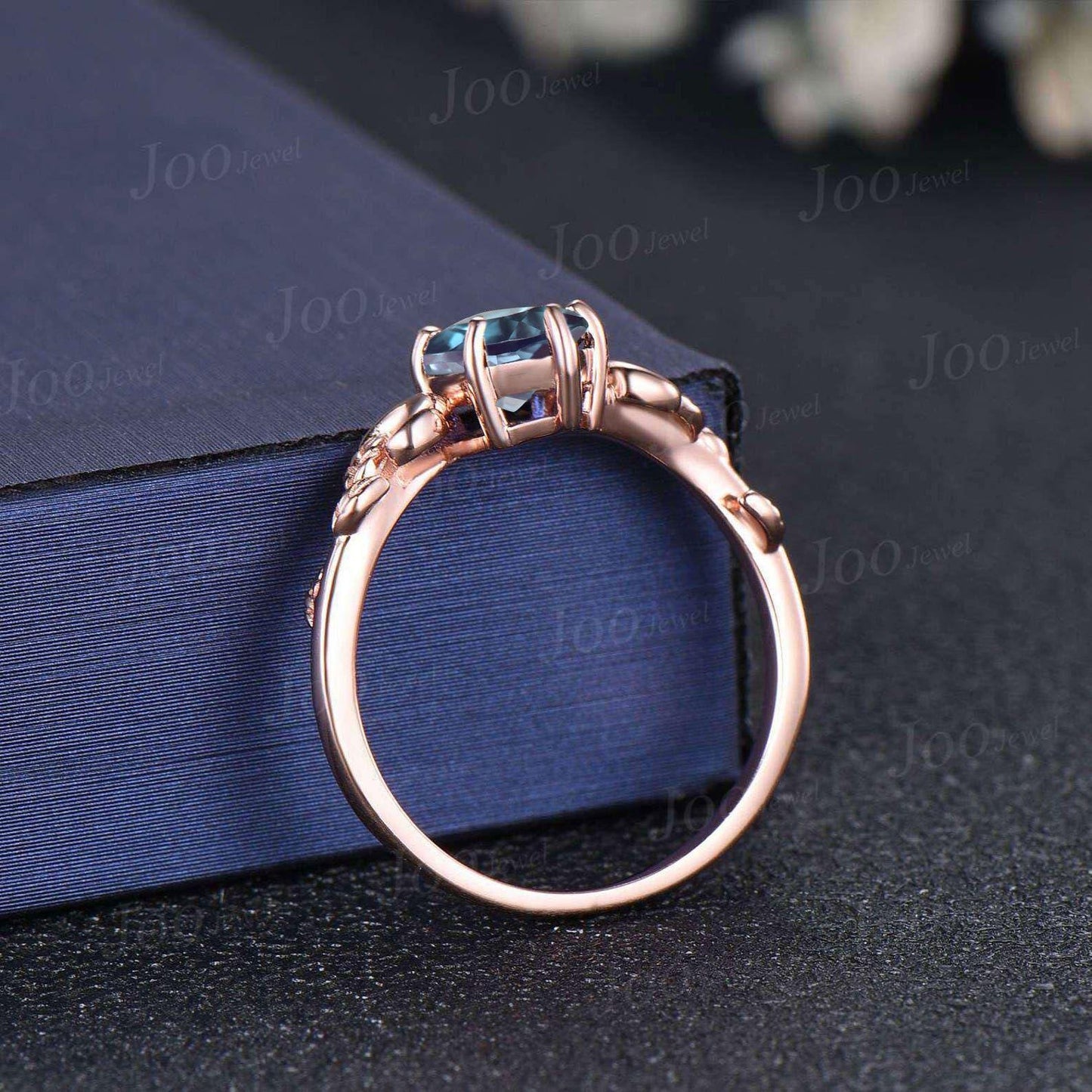 1.25ct Pear Halo Alexandrite Engagement Ring 10K Rose Gold Color-Change Alexandrite Leaf Moon Wedding Ring June Birthstone Gift for Women