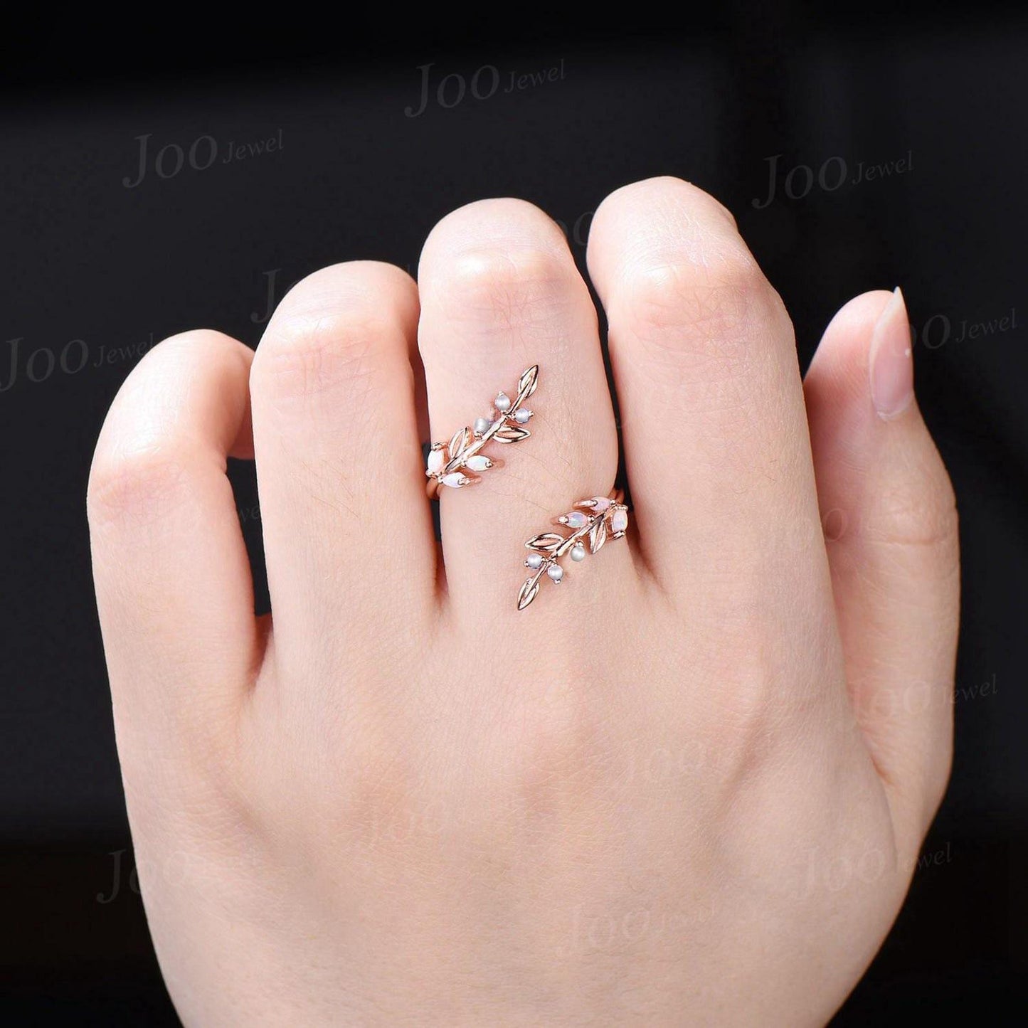 Vintage Opal Pearl Leaf Enhancer Nature Wedding Band Nesting Stacking Matching Ring Solid 14K Rose Gold Jacket Double Wedding Band Women