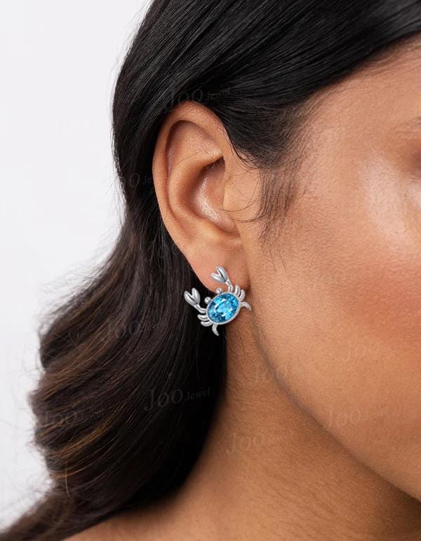 1.5ct Oval Natural Swiss Blue Topaz Crab Drop Earrings Sterling Silver Earrings Cutie Ocean Crab Waterproof Hypoallergenic Studs for Women