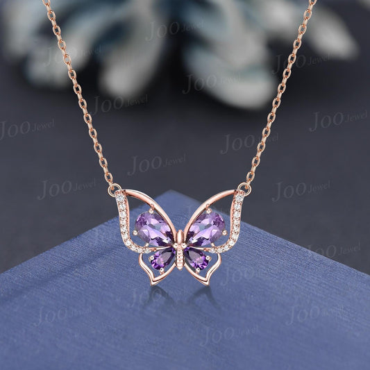 Pear Natural Amethyst Butterfly Necklace 14K Rose Gold Vintage Purple Crystal Pendant Unique February Birthstone Birthday Gifts For Daughter