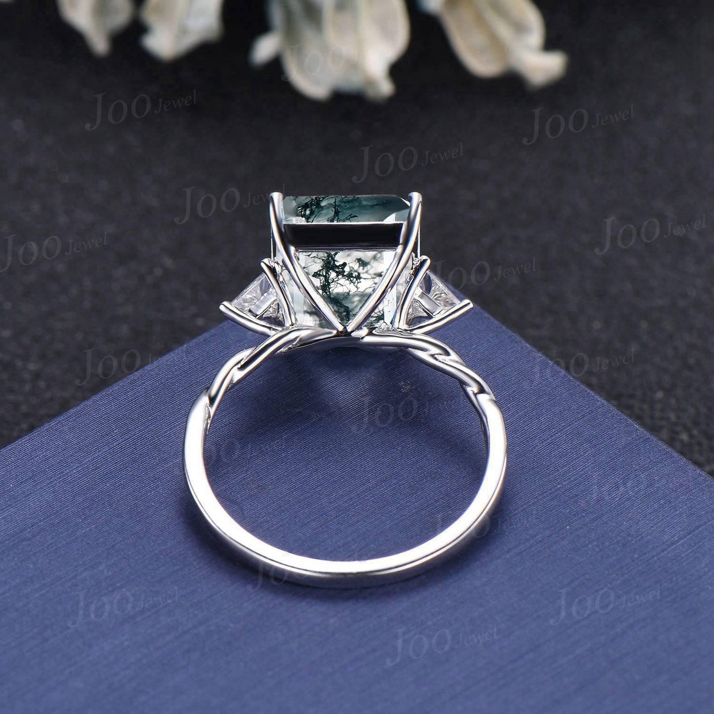 8ct Natural Moss Agate Engagement Ring, Octagon/Emerald Cut Wedding Ring with Triangular Moissanite, Unique Luxury Proposal Rings Platinum