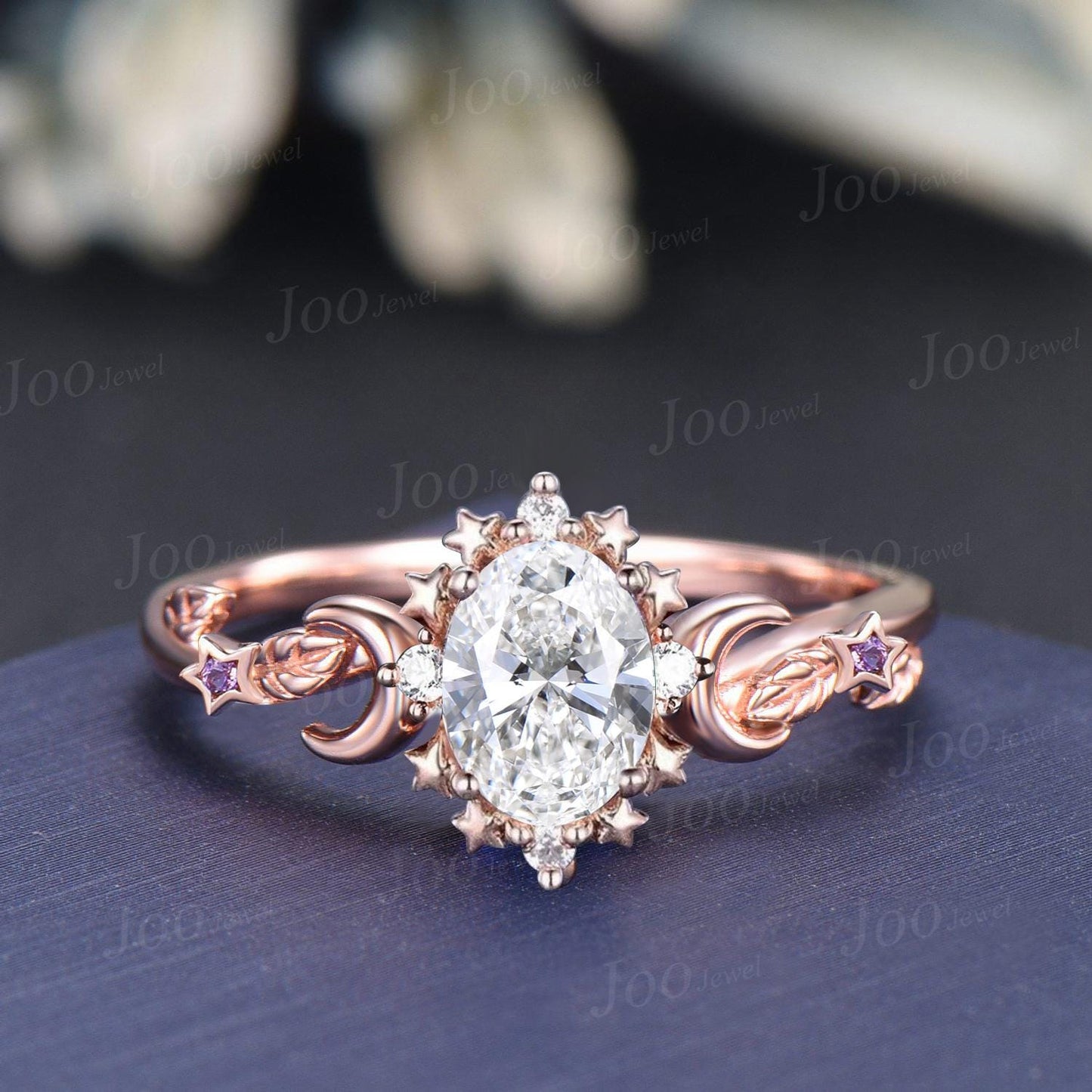 Moon Star Moissanite Engagement Ring 14K Rose Gold Oval Wedding Ring Romantic Moissanite Diamond Amethyst Leaf Branch Bridal Ring for Women