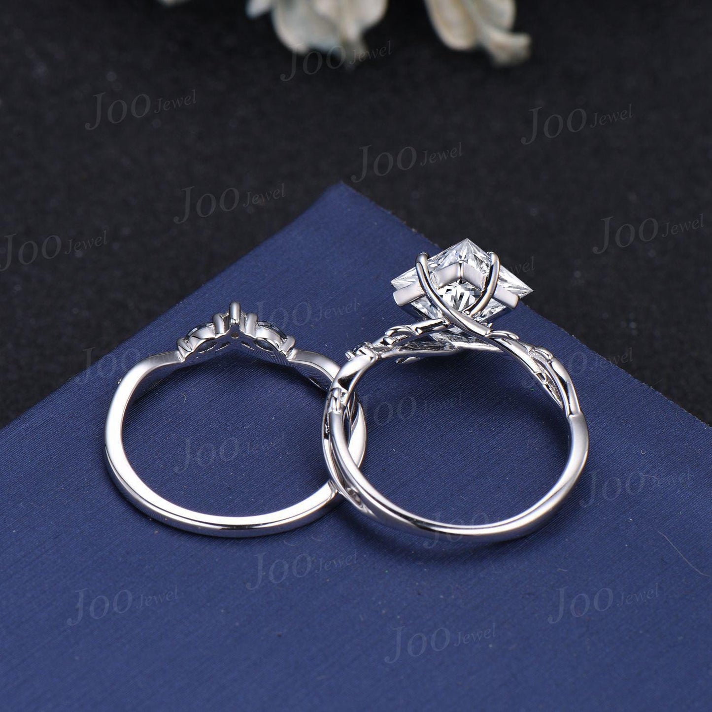 7mm Princess Cut IGI Certified Lab Grown Diamond Branch Bridal Ring Set Square Diamond Wedding Ring Unique Luxury Platinum Proposal Rings