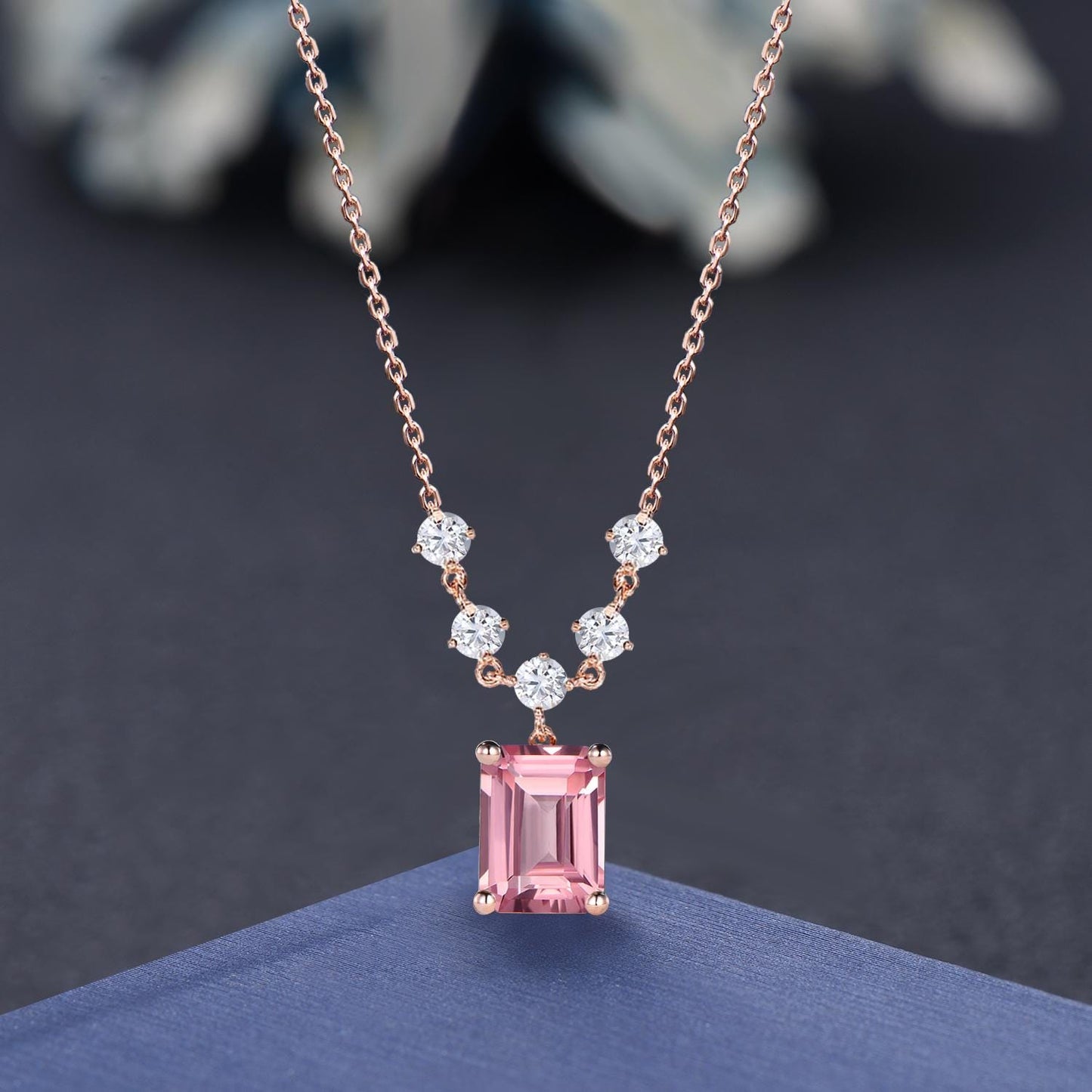 2 ctw Emerald Cut Pink Padparadscha Drop Necklace Sterling Silver/9K Solid Rose Gold Vintage Art Deco Pink Sapphire Pendant Anniversary Gift