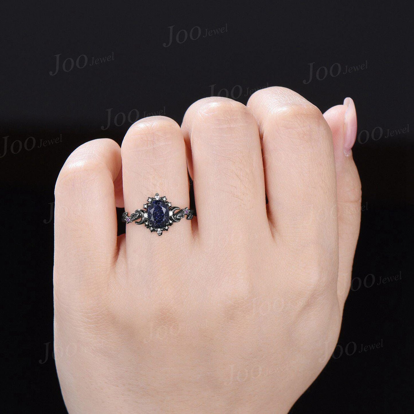 Oval Cut Galaxy Blue Sandstone Amethyst Moon Star Wedding Ring Sterling Silver Blue Goldstone Engagement Ring Art Deco Leaf Proposal Rings