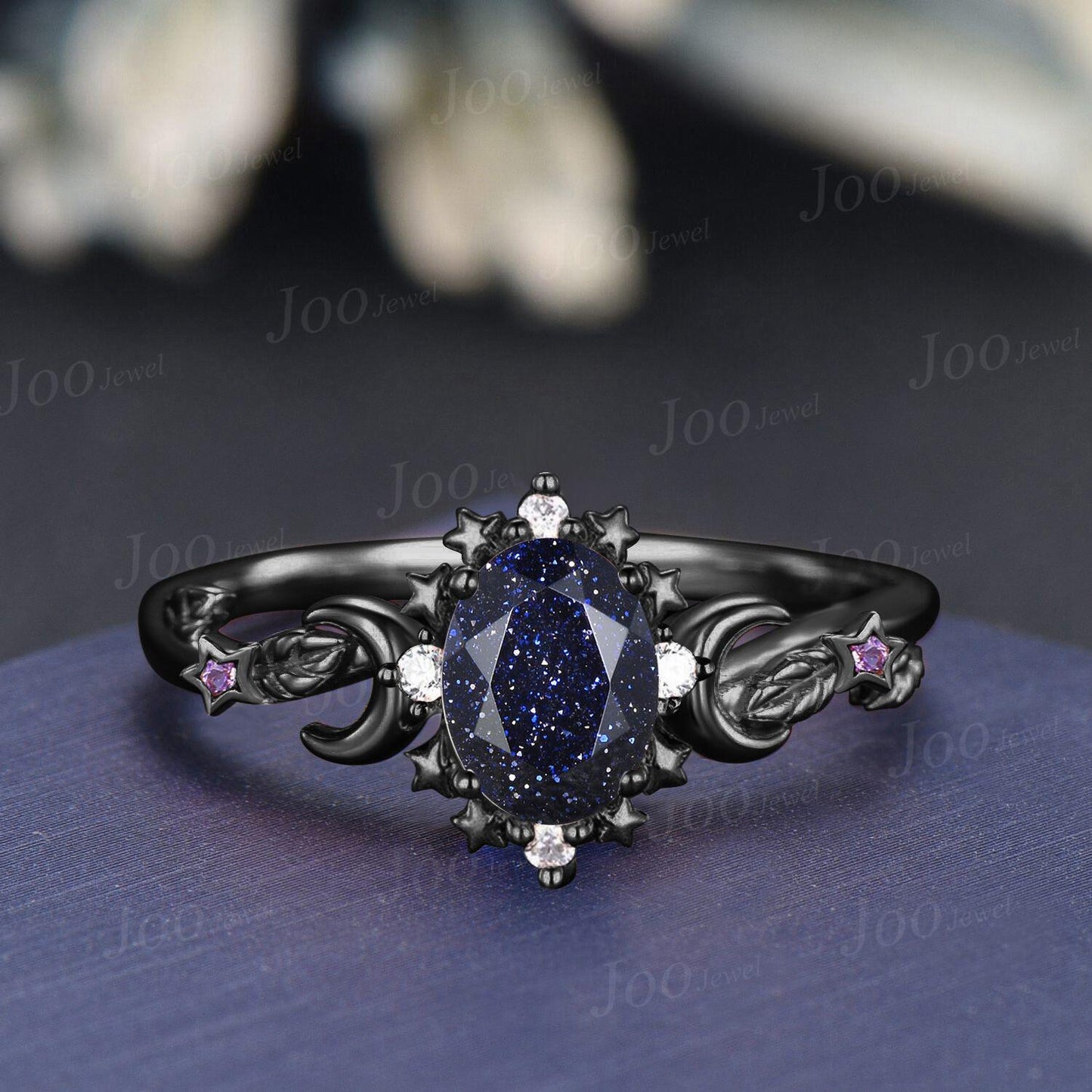 Oval Cut Galaxy Blue Sandstone Amethyst Moon Star Wedding Ring Sterling Silver Blue Goldstone Engagement Ring Art Deco Leaf Proposal Rings