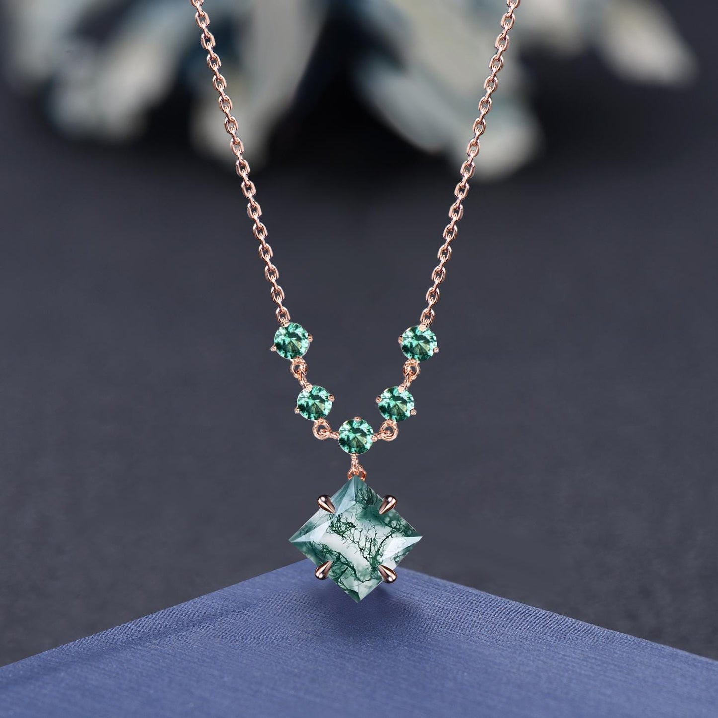 2ctw Princess Cut Natural Moss Agate Drop Necklace Solid 9K Rose Gold Vintage Moss Agate Alexandrite Pendant Women Anniversary Birthday Gift