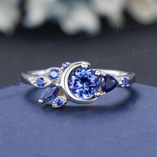 5mm Round Cut Natural Tanzanite Cluster Engagement Ring Unique Sterling Silver Tanzanite Blue Sapphire Crescent Moon Wedding Ring for Women
