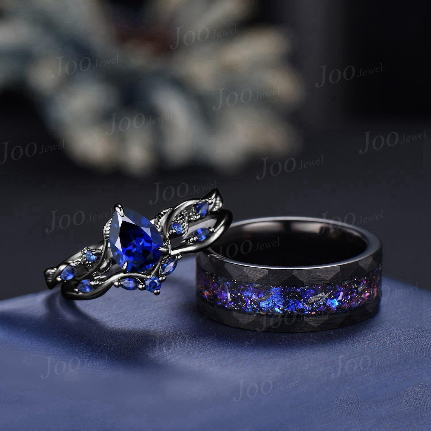 1.25ct Nature Inspired Pear Blue Sapphire Wedding Ring Set for Her with Galaxy Black Tungsten Band for Him Unique Matching Couple Rings Set