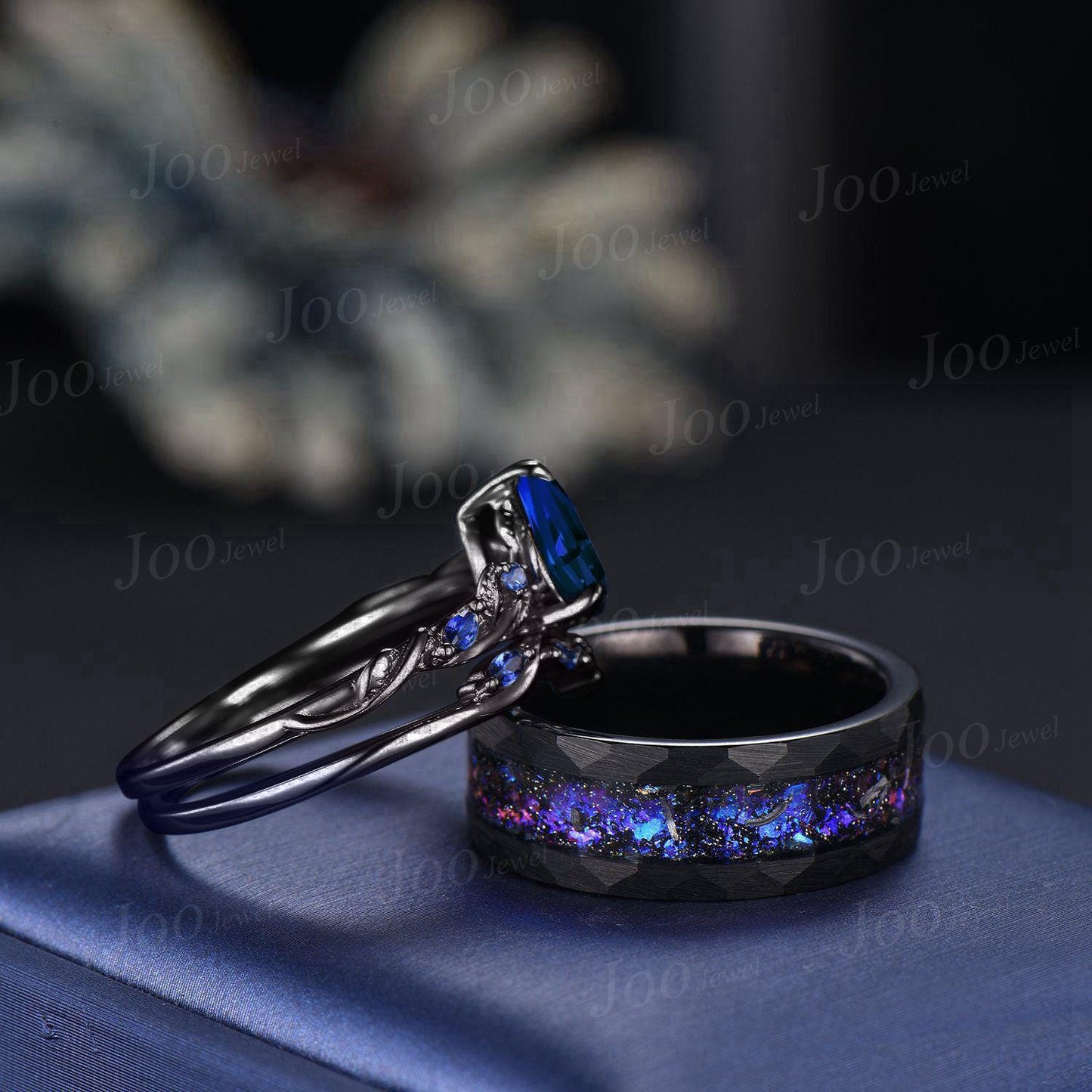 1.25ct Nature Inspired Pear Blue Sapphire Wedding Ring Set for Her with Galaxy Black Tungsten Band for Him Unique Matching Couple Rings Set