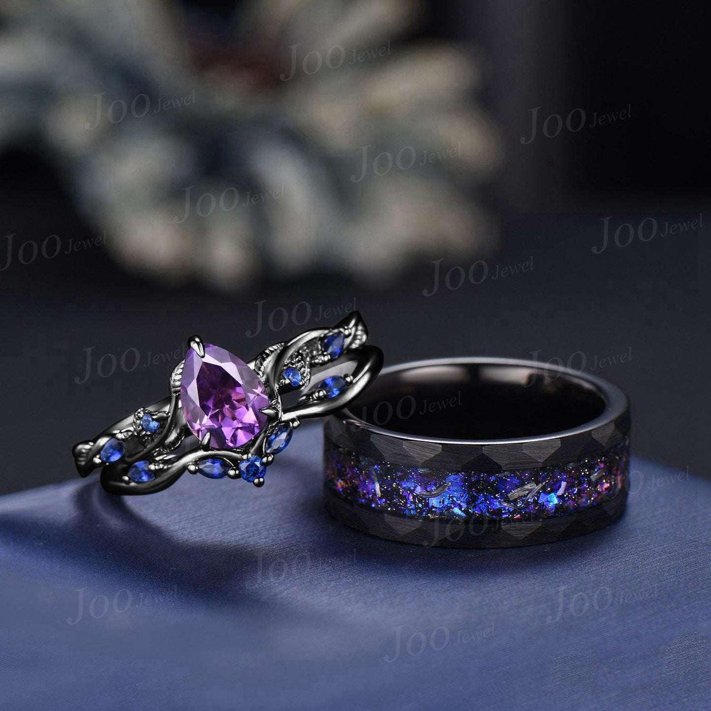 1.25ct Pear Cut Natural Amethyst Sapphire Vine Leaf Couples Ring Set Wear-resistant Men Tungsten Galaxy Nebula Matching Ring Set for Lover