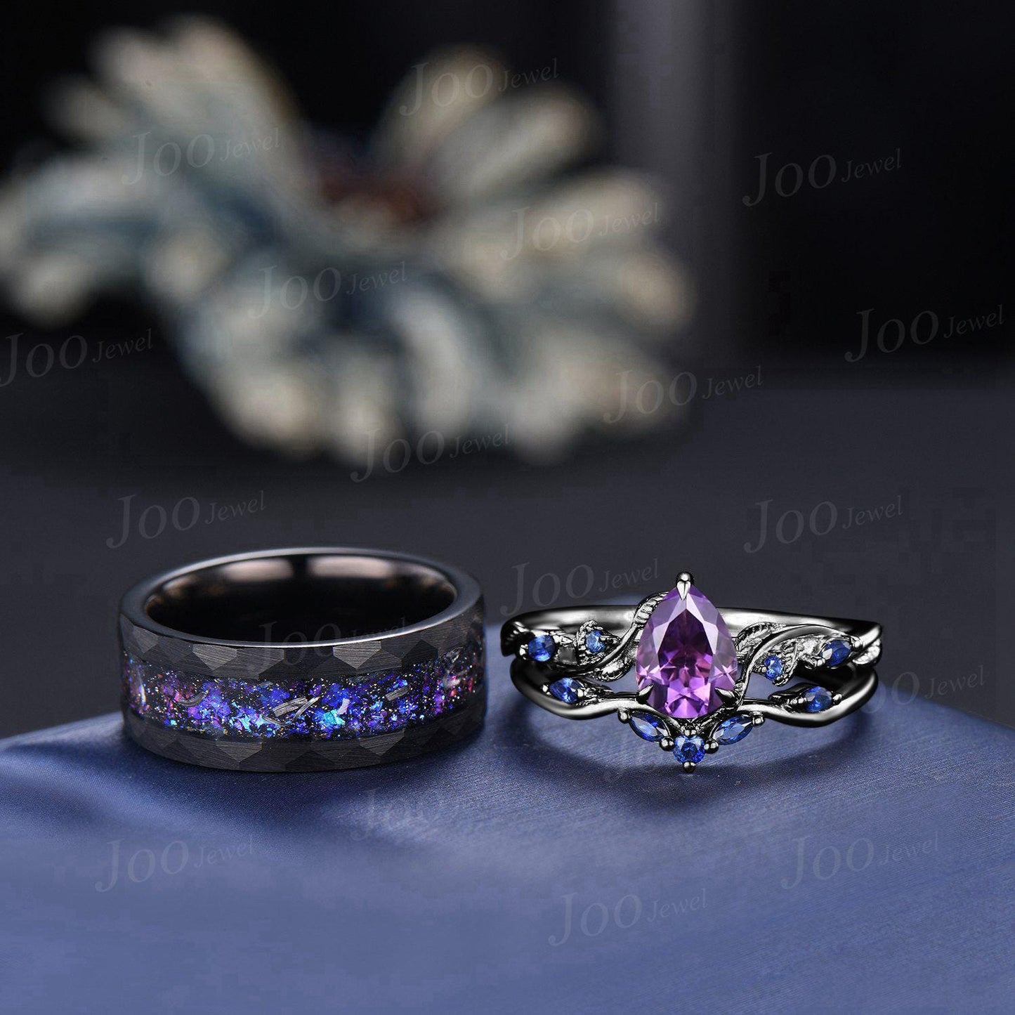 1.25ct Pear Cut Natural Amethyst Sapphire Vine Leaf Couples Ring Set Wear-resistant Men Tungsten Galaxy Nebula Matching Ring Set for Lover