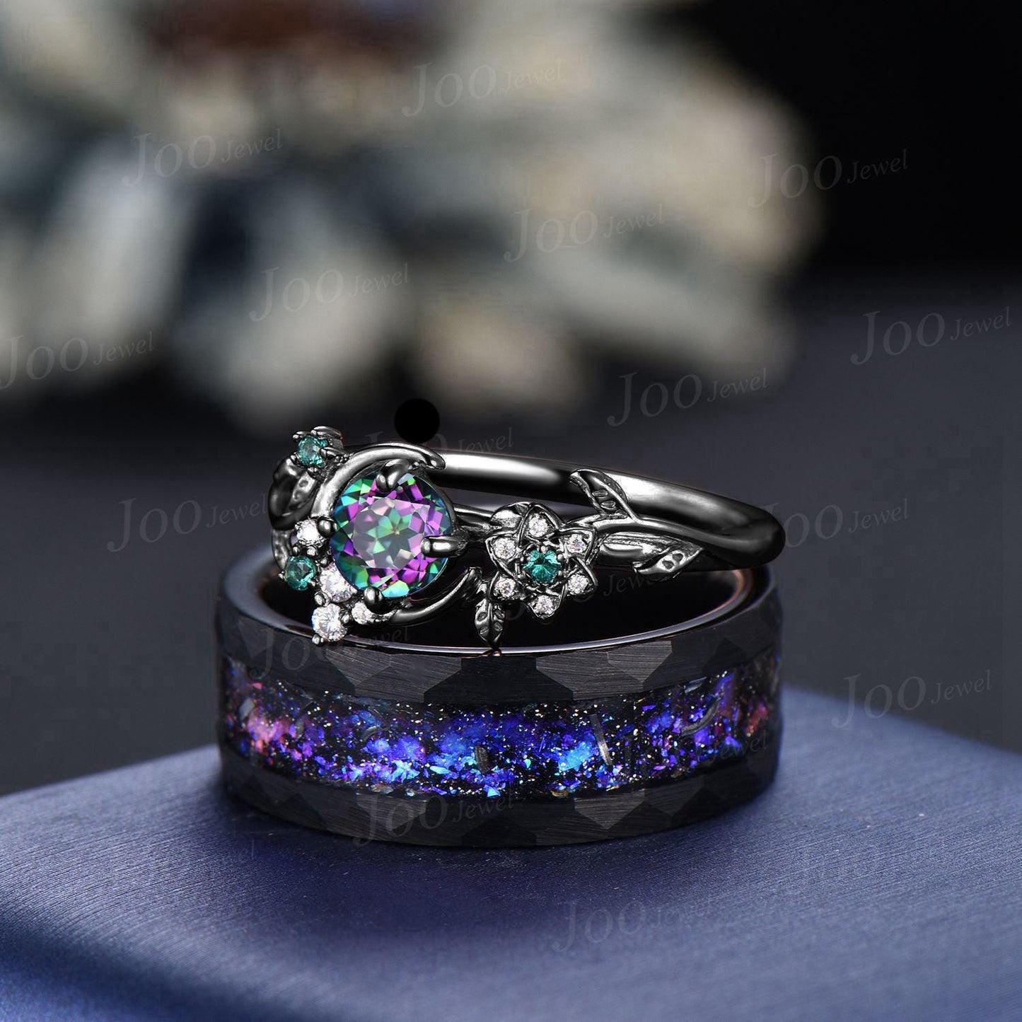 Galaxy Nebula Couple Ring Set Leaf Vine Round Cut Rainbow Mystic Topaz Moon Ring His and Hers Wedding Band Tungsten Matching Ring for Men