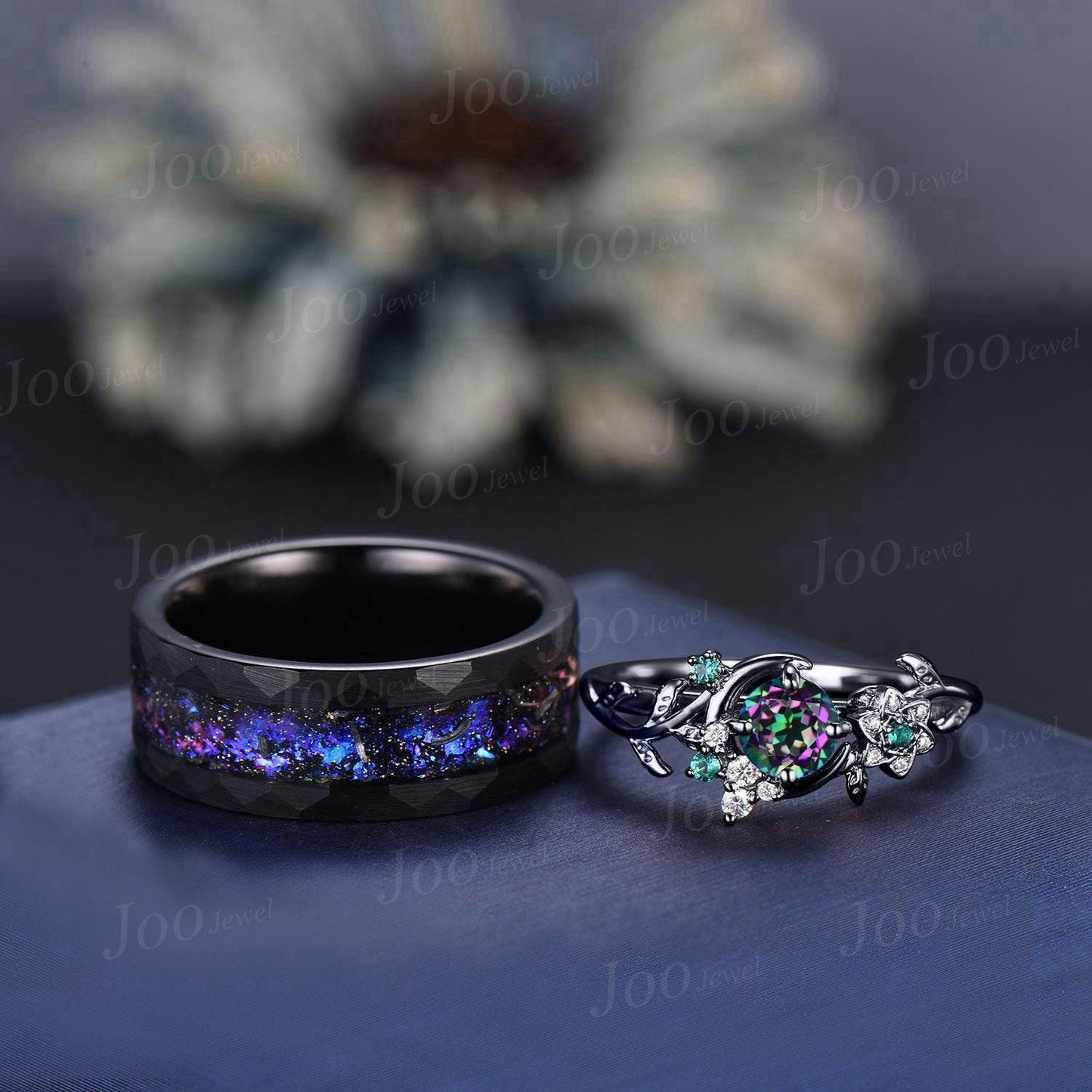 Galaxy Nebula Couple Ring Set Leaf Vine Round Cut Rainbow Mystic Topaz Moon Ring His and Hers Wedding Band Tungsten Matching Ring for Men