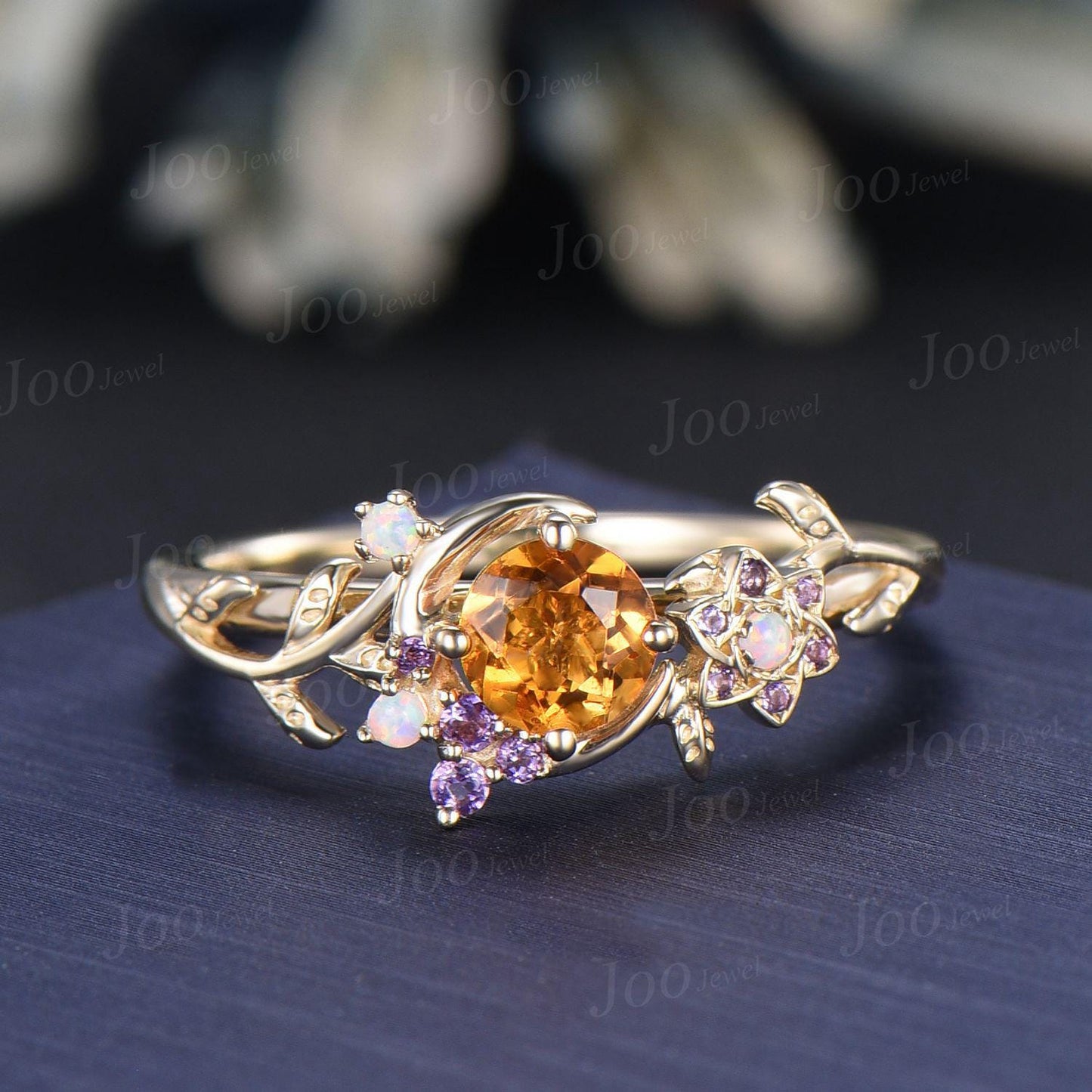 5mm Round Cut Natural Yellow Citrine Moon Engagement Ring 14K Yellow Gold Vine Leaf Genuine Crystal Promise Rings November Birthstone Gifts