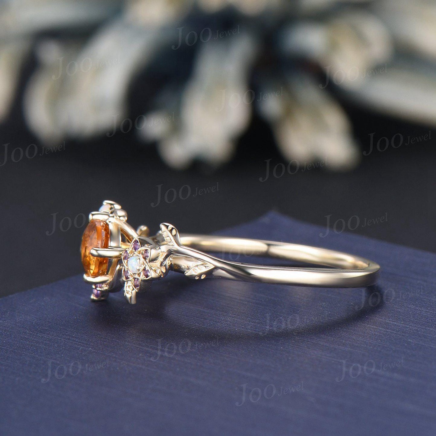 5mm Round Cut Natural Yellow Citrine Moon Engagement Ring 14K Yellow Gold Vine Leaf Genuine Crystal Promise Rings November Birthstone Gifts