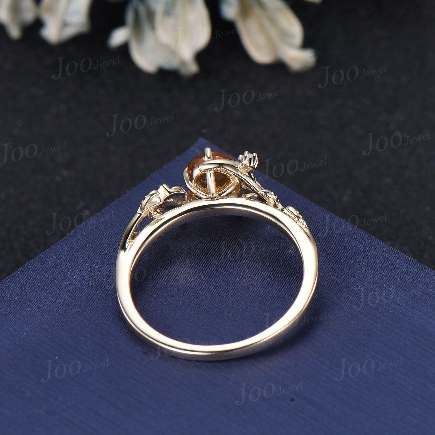 5mm Round Cut Natural Yellow Citrine Moon Engagement Ring 14K Yellow Gold Vine Leaf Genuine Crystal Promise Rings November Birthstone Gifts