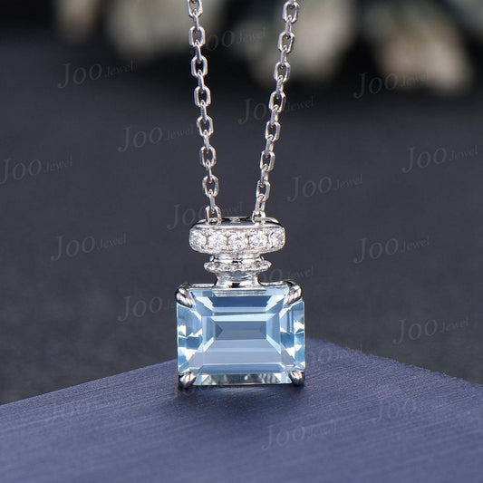 3ct Emerald Cut Natural Aquamarine Diamond Pendant | Perfume Bottle Design Aquamarine Pendant Necklace | 10K White Gold Gemstone Necklace