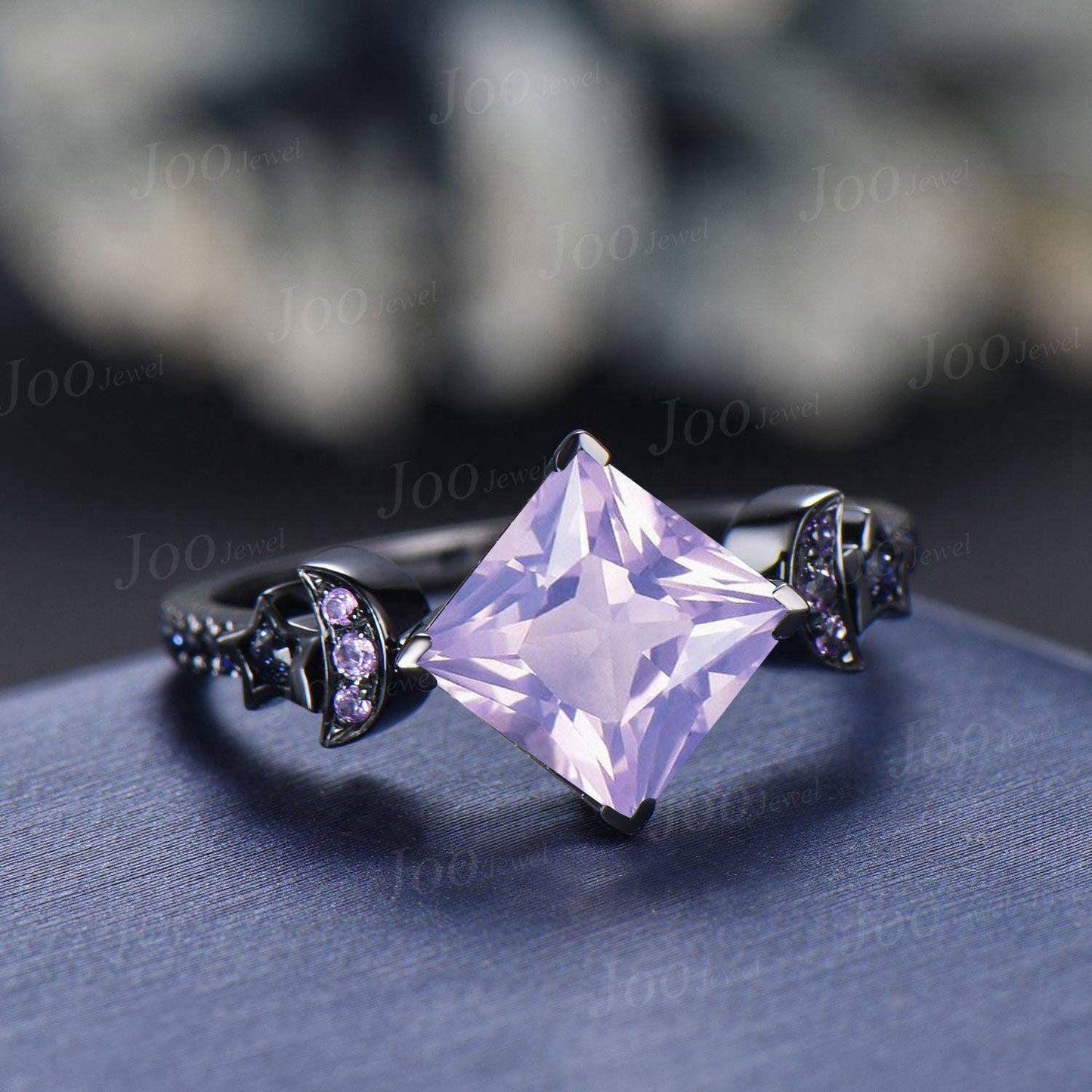 2ct Princess Cut Natural Lavender Amethyst Sandstone Moon Star Wedding Ring Goth Black Gold Proposal Ring Romantic Birthday Gifts for Women