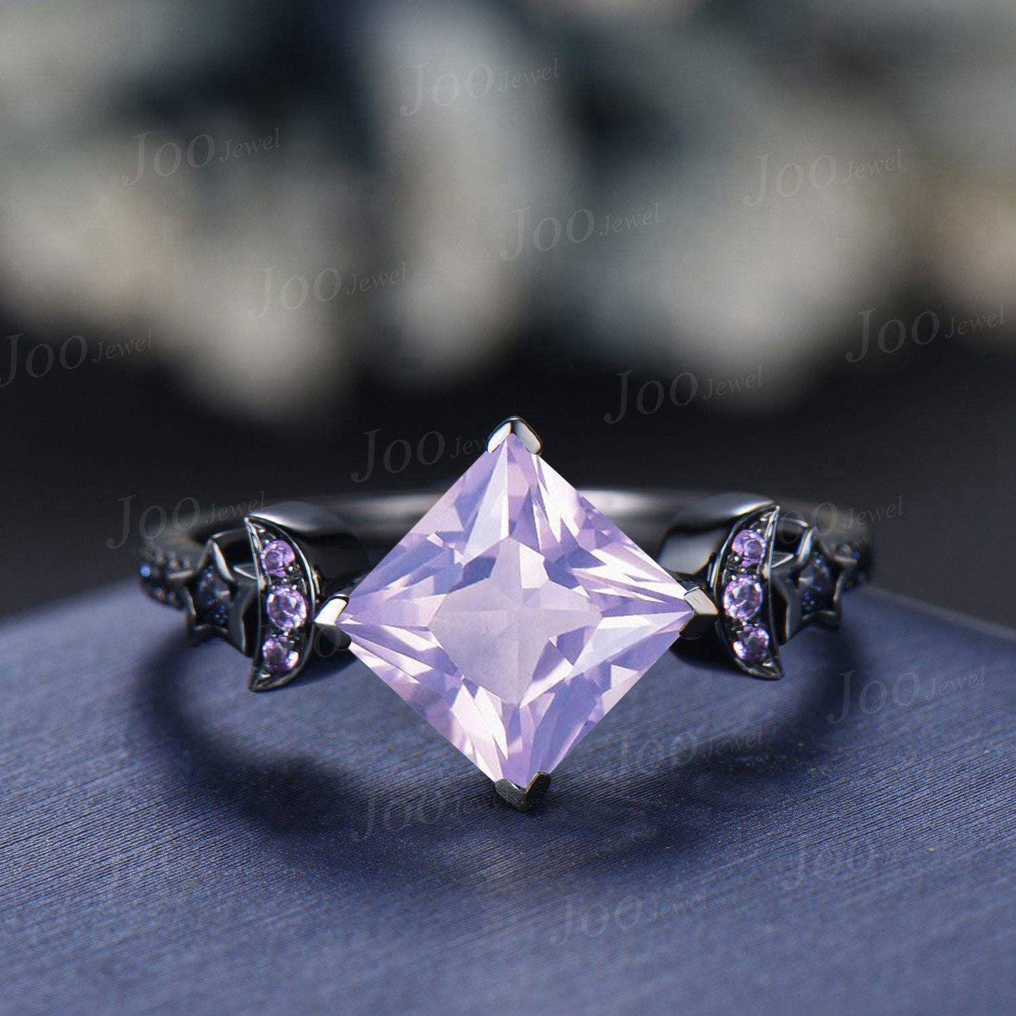 2ct Princess Cut Natural Lavender Amethyst Sandstone Moon Star Wedding Ring Goth Black Gold Proposal Ring Romantic Birthday Gifts for Women