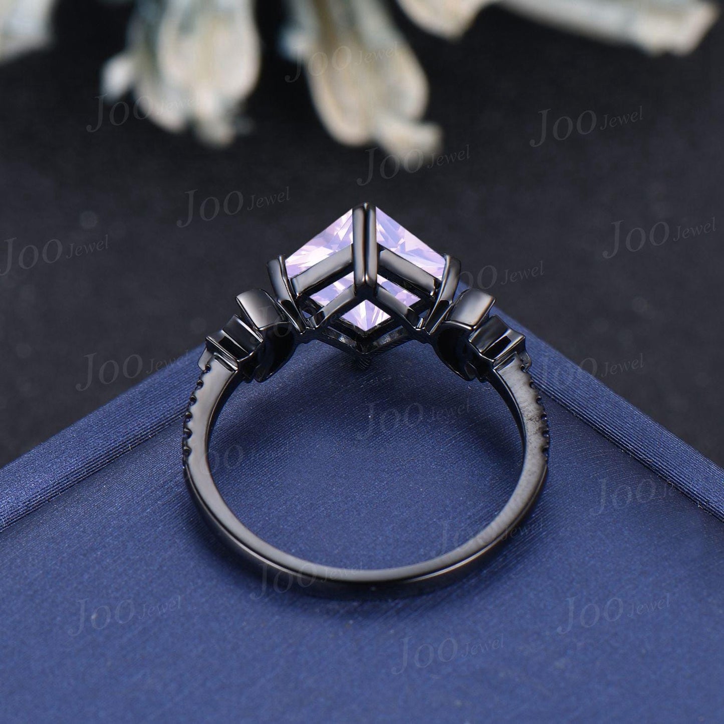 2ct Princess Cut Natural Lavender Amethyst Sandstone Moon Star Wedding Ring Goth Black Gold Proposal Ring Romantic Birthday Gifts for Women